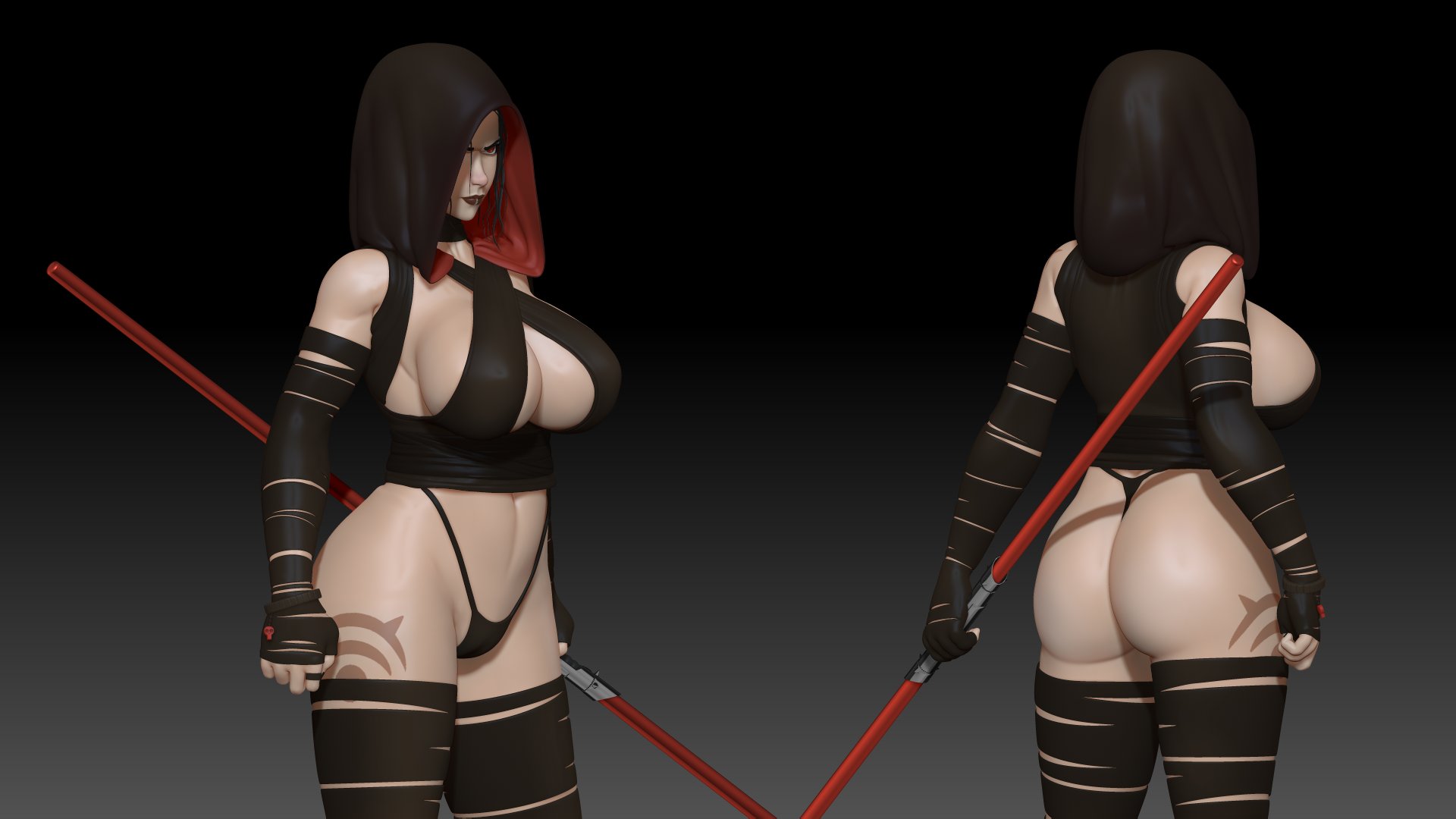 3d, armband, ass, bare midriff, bare shoulders, bare thighs, barefoot, biceps, big ass, big breasts, big butt, black hair, bracelet, breasts, bubble ass, bubble butt, busty, cleavage, corruption, dual-bladed lightsaber, eyelashes, female, female focus, female only, full body, g-string, generalbuta, hood, hourglass figure, huge breasts, large breasts, lightsaber, lipstick, muscles, muscular, muscular female, nail polish, navel, nose piercing, panties, piercing, pinup, pose, posing, red eyes, red lightsaber, rey, ring, sideboob, sith, sith rey, solo, standing, star wars, tattoo, thong, tied hair, wide hips