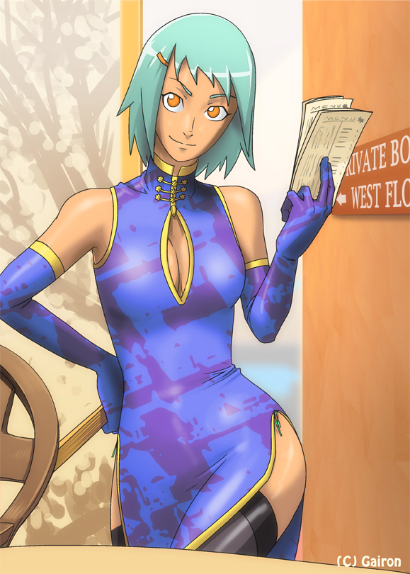 1girls, breasts, cheongsam, cleavage, cutout, detached sleeves, dress, female, female only, fuu (naruto), gairon, gloves, green hair, naruto, naruto (series), naruto shippuden, solo, thighhighs, waitress