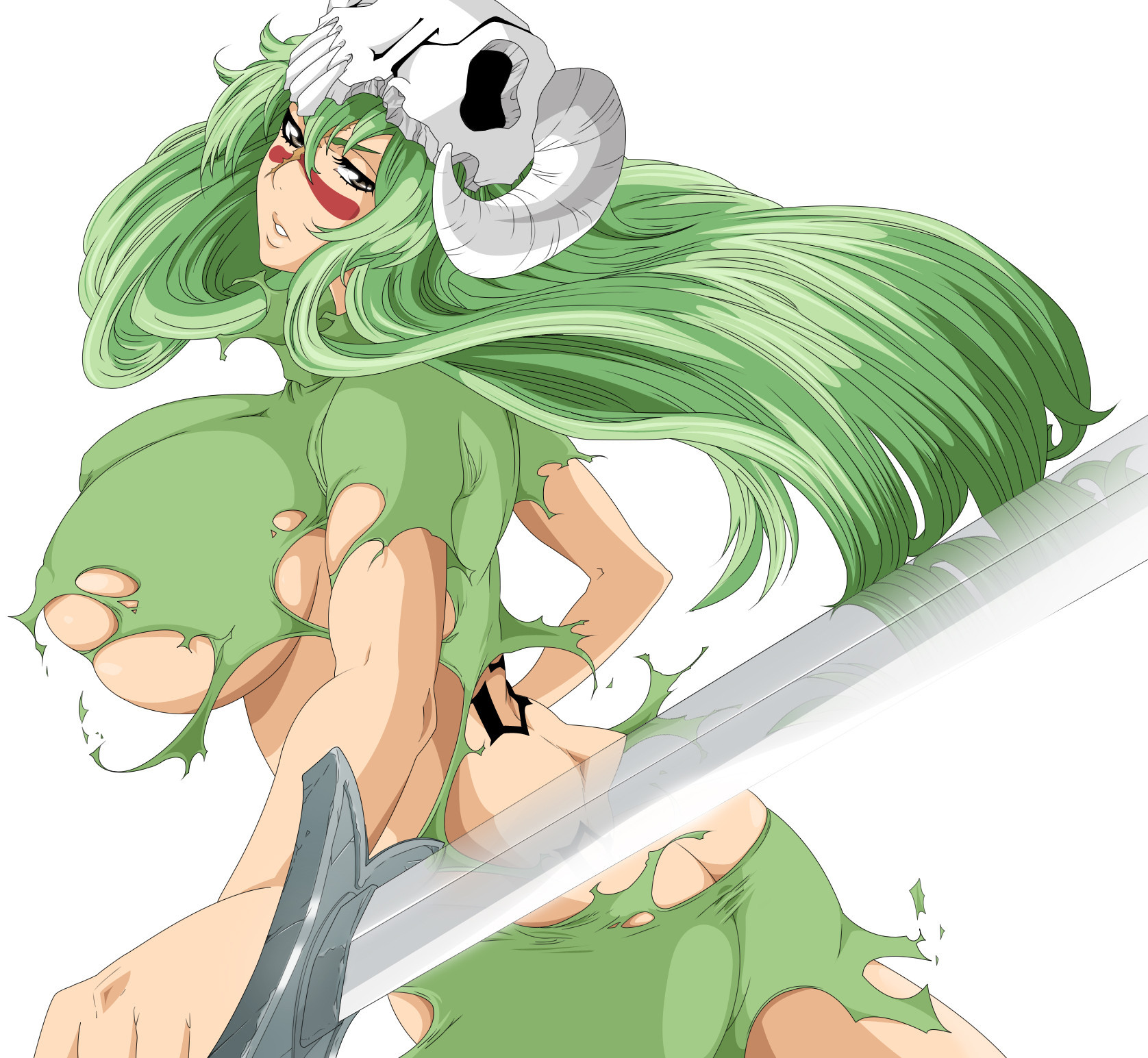 ass, bleach, breasts, female, green hair, huge breasts, looking at viewer, nelliel tu odelschwanck, nipples visible through clothing, official art, sword, torn clothes, torn clothing