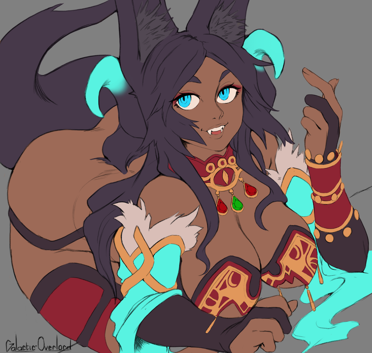 blue eyes, bra, breasts, cleavage, dark skin, dark-skinned female, elbow gloves, fangs, fate (series), fate/grand order, female, fingerless gloves, fluffy tail, galactic overlord, jewelry, kemonomimi, large breasts, long hair, necklace, partially clothed, purple hair, queen of sheba (fate/grand order), tail