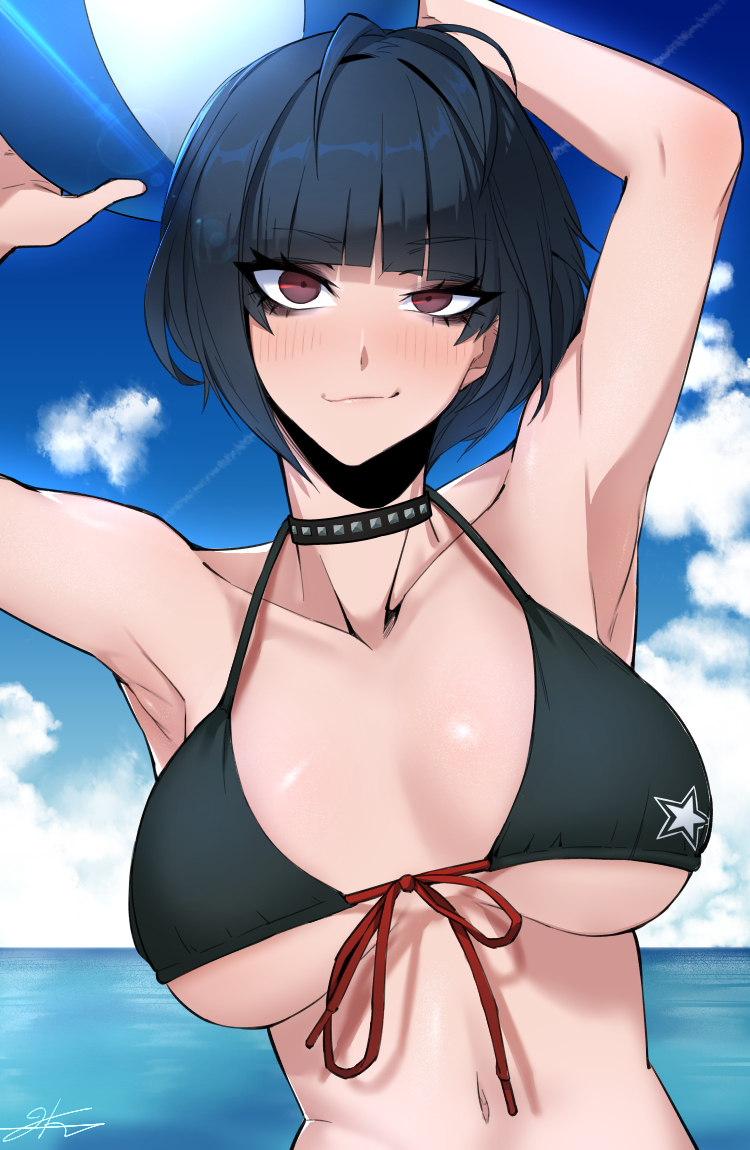 1girls 2020 armpits arms_above_head artist_signature atlus beach_ball big_breasts bikini bikini_top blue_hair blunt_bangs blush bob_cut breasts choker collar eyebrows_visible_through_hair eyelashes eyeshadow female female_only goth j.k. large_breasts looking_at_viewer ocean outside persona persona_5 purple_eyes sega short_hair smile smirk solo solo_female tae_takemi underboob white_skin