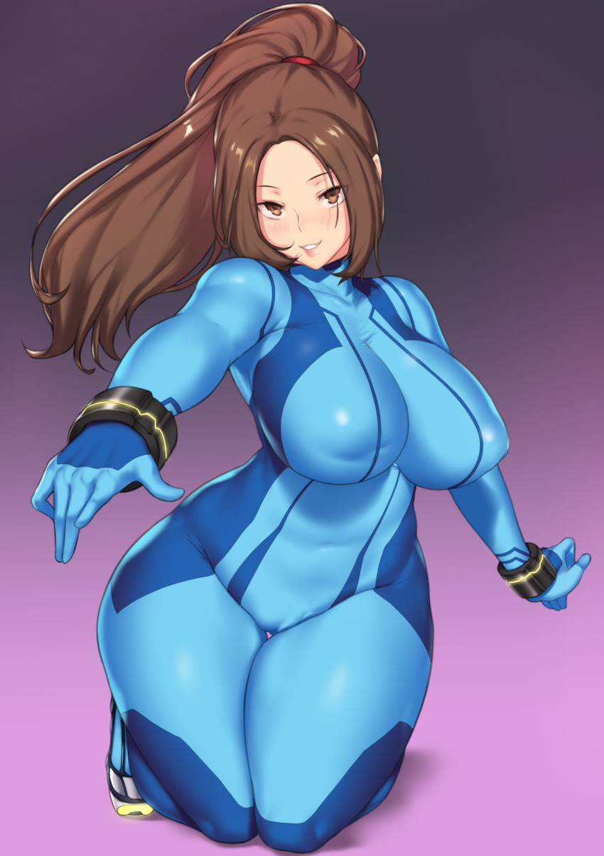 1girls, alternate costume, aster crowley, bodysuit, breasts, brown eyes, brown hair, costume, crossover cosplay, fatal fury, female, gloves, high heels, higher resolution available, impossible clothes, king of fighters, large breasts, long hair, looking at viewer, mai shiranui, metroid, nintendo, samus aran (cosplay), snk, solo, zero suit