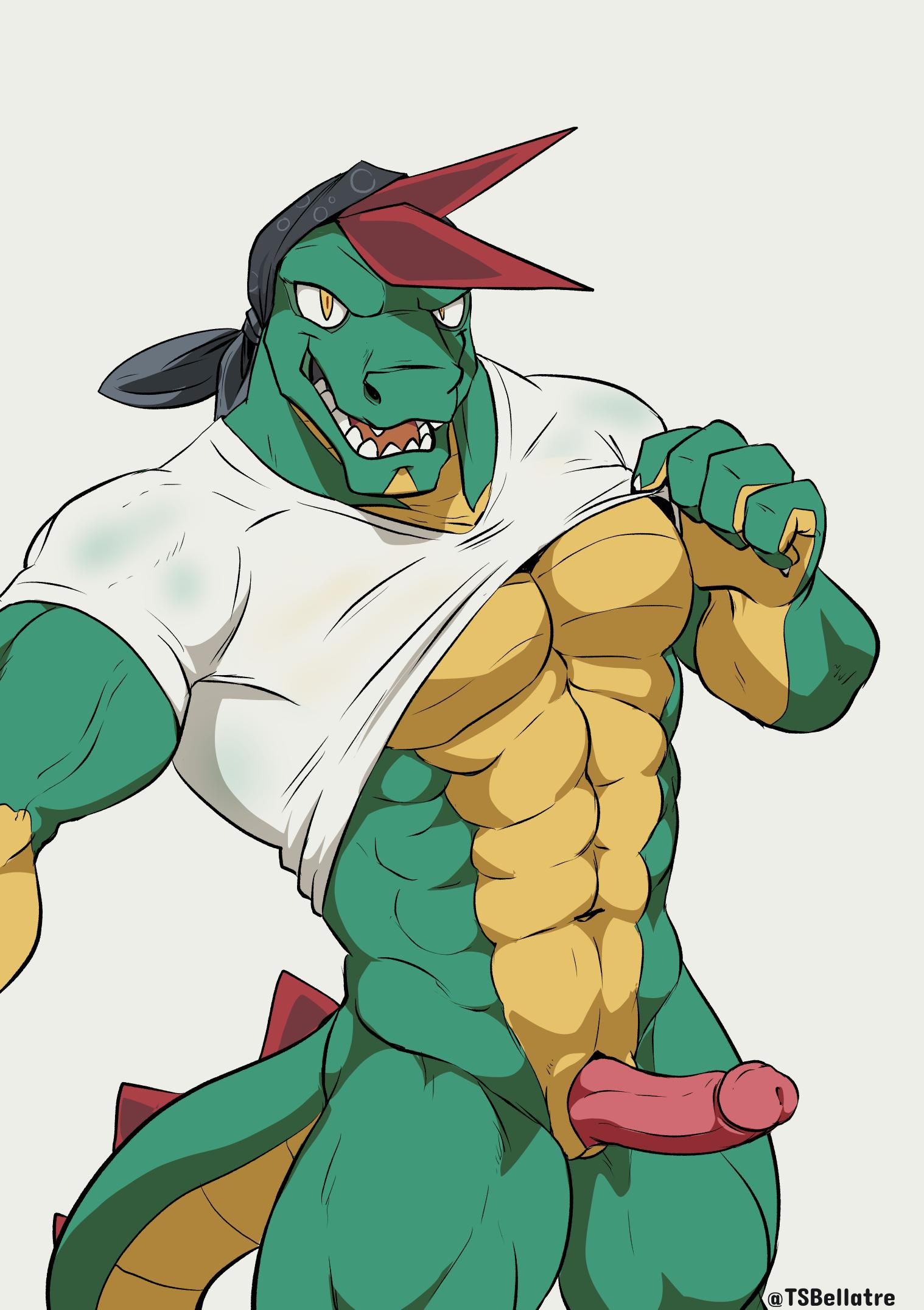 abs bottomless clothed clothing erection humanoid_penis lizard male male/male muscular muscular_male pecs penis reptile scalie tsbellatre