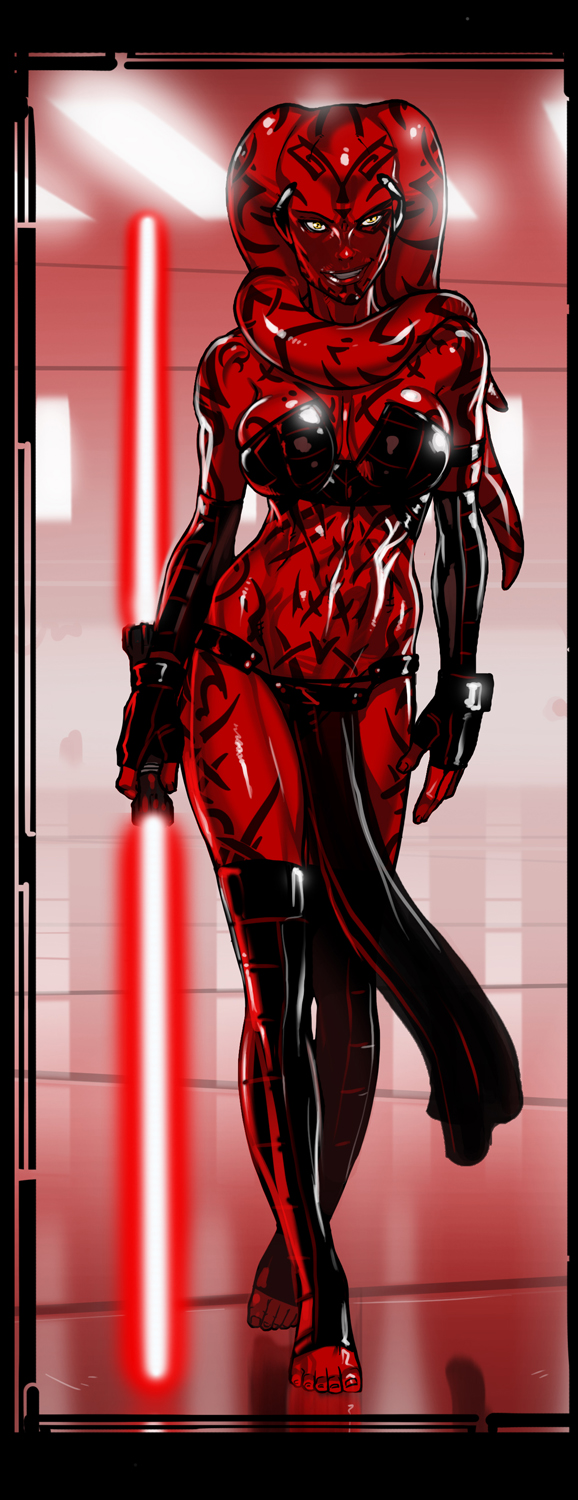 alien girl, athletic, big breasts, breasts, busty, cleavage, darth talon, dual-bladed lightsaber, female, female focus, female only, fingerless gloves, full body, ganassa, large breasts, lekku, lightsaber, lipstick, loincloth, navel, red lightsaber, red skin, sith, solo, standing, star wars, star wars: legacy, tagme, tattoo, toeless legwear, twi'lek, wide hips