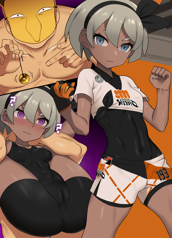 1boy, 1girls, abs, anus, areolae, ass, bea (pokemon), bodysuit, bodysuit under clothes, breasts, clothed female nude male, dark skin, dark-skinned female, female, flexible, hair over one eye, hypno, hypnosis, larger male, looking at viewer, male, mask, mind control, nintendo, nipples, nt00, pokemon, pokemon (species), pokemon ss, pussy, size difference, spread legs, text, thick thighs, thigh gap, wide hips