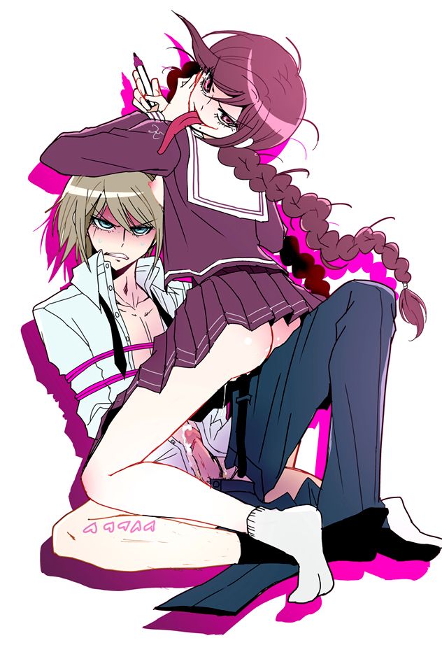 1boy 1girls ass blank_background boy_rape cum cum_while_forced cum_while_restrained danganronpa female_rapist fukawa_touko genocider_shou hbmm male_rape_victim no_panties penis rape smooth_skin straight togami_byakuya tongue_out