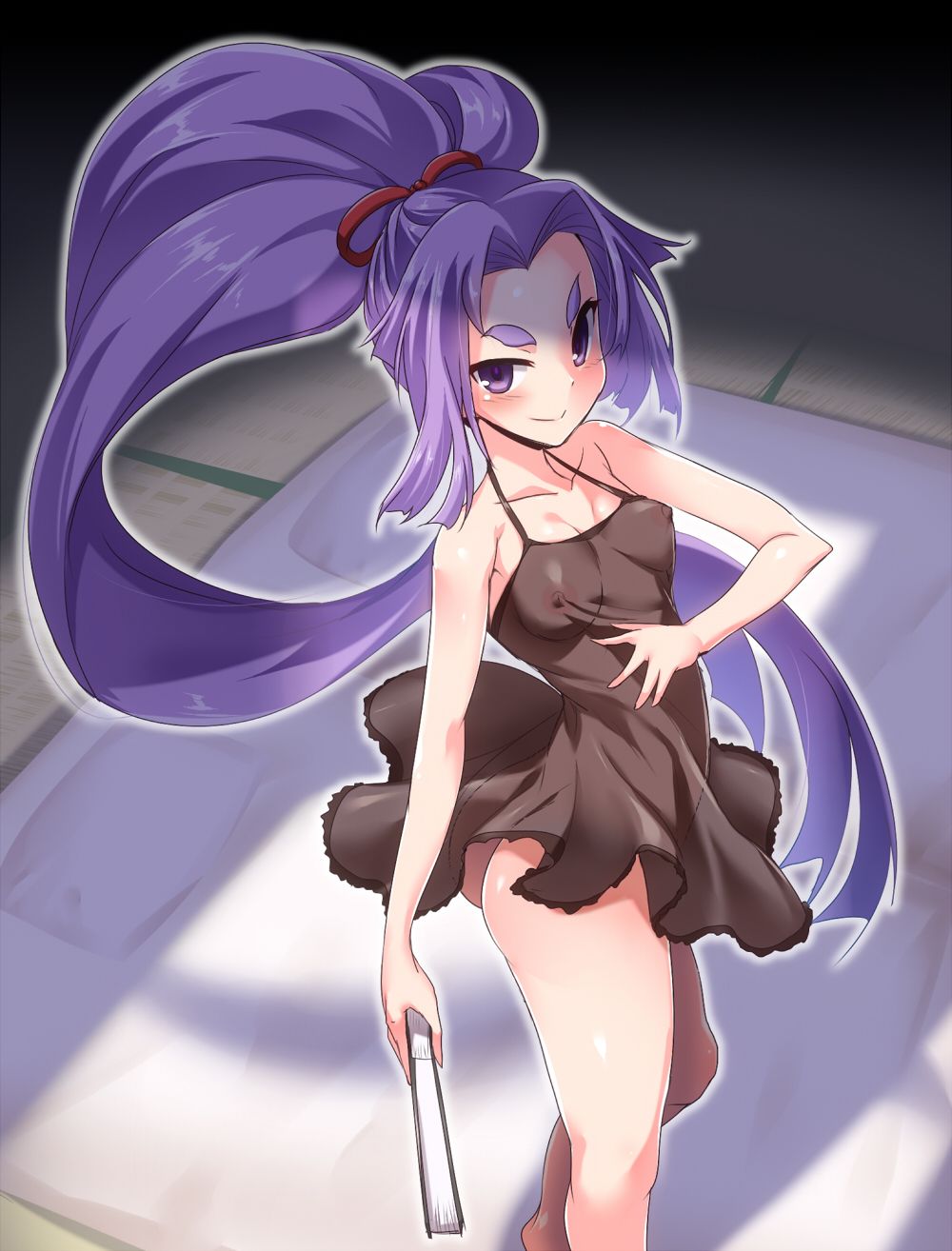 breasts female folding_fan hatsuharu_(kantai_collection) high_resolution hikimayu kantai_collection lingerie medium_breasts nipples purple_eyes purple_hair see-through_lingerie thick_eyebrows yoshi_tama