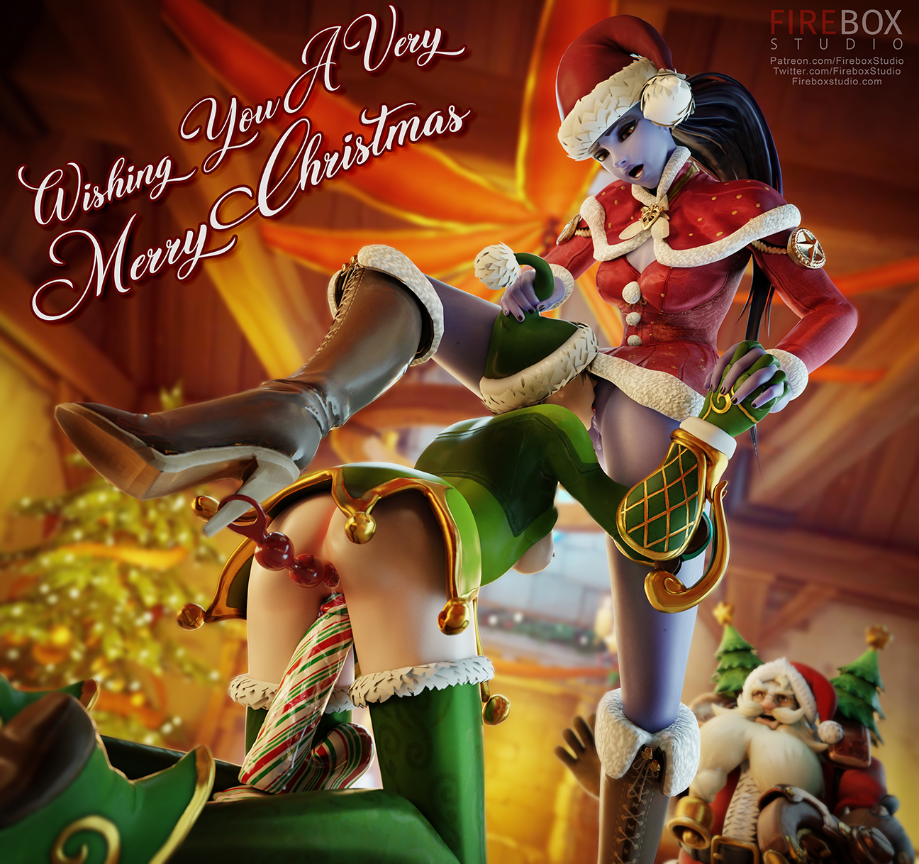 1boy, 2girls, 3d, alternate costume, anal beads, anal sex, ass, blender, christmas, cunnilingus, dildo, double penetration, female, fireboxstudio, jingle tracer, male, oral, overwatch, overwatch 2, penetration, pussy, santaclad torbjörn, sex toy, text, torbjörn, tracer, vaginal penetration, widowmaker, winter wonderland series, yuri