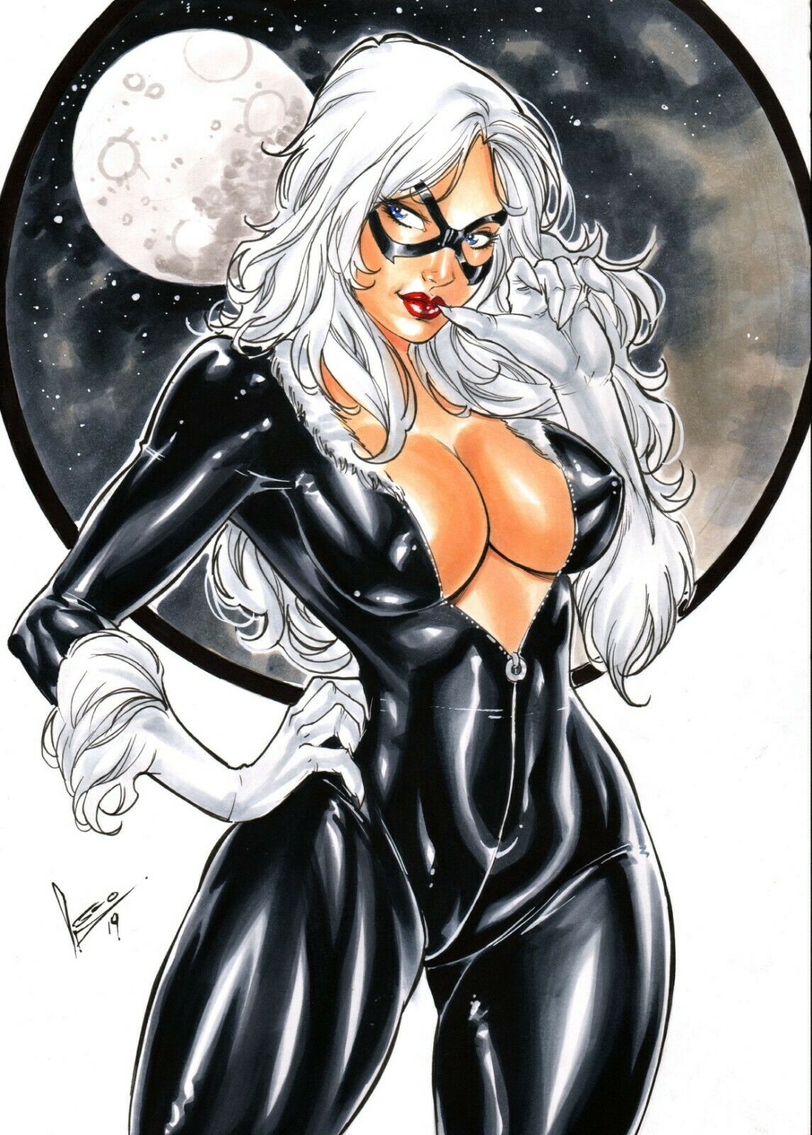 1girls, 2019, big breasts, black bodysuit, black cat (marvel), blue eyes, bodysuit, breasts, busty, cleavage, dated, domino mask, ed benes studio, eyeshadow, felicia hardy, female, female only, gloves, hand on hips, large breasts, leonardo lourenco, lipstick, long hair, looking to the side, makeup, marvel, marvel comics, mascara, mask, moon, night sky, pinup, red lips, red lipstick, signature, smile, solo, spider-man (series), starry sky, superheroine, thighs, traditional media, unzipped, white gloves, white hair, zipper, zipper pull tab