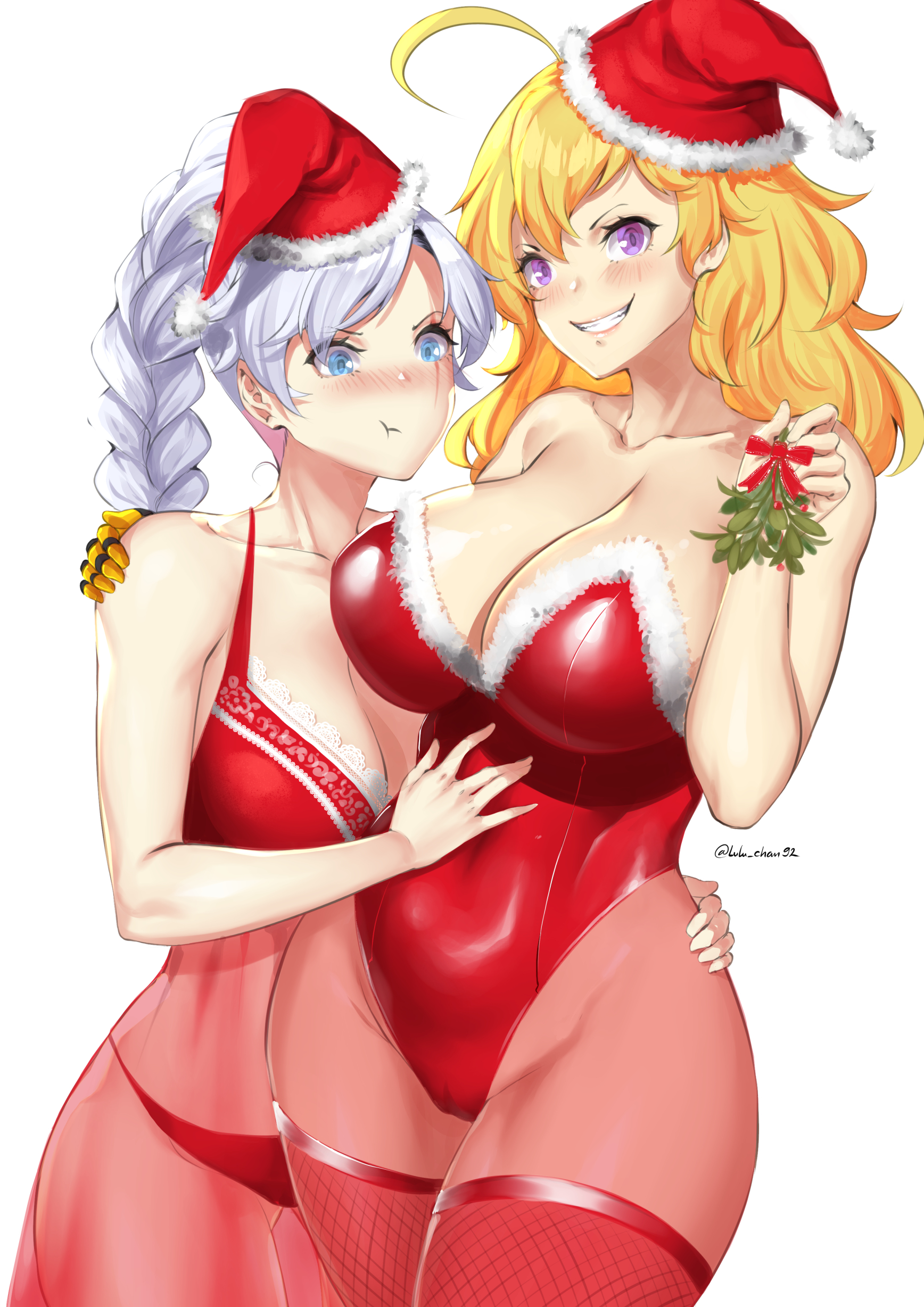 2girls, big breasts, blush, breasts, christmas, cleavage, female, female only, large breasts, leotard, looking at viewer, lulu-chan92, mistletoe, pantyhose, pout, rwby, santa hat, thighhighs, weiss schnee, yang xiao long, yuri
