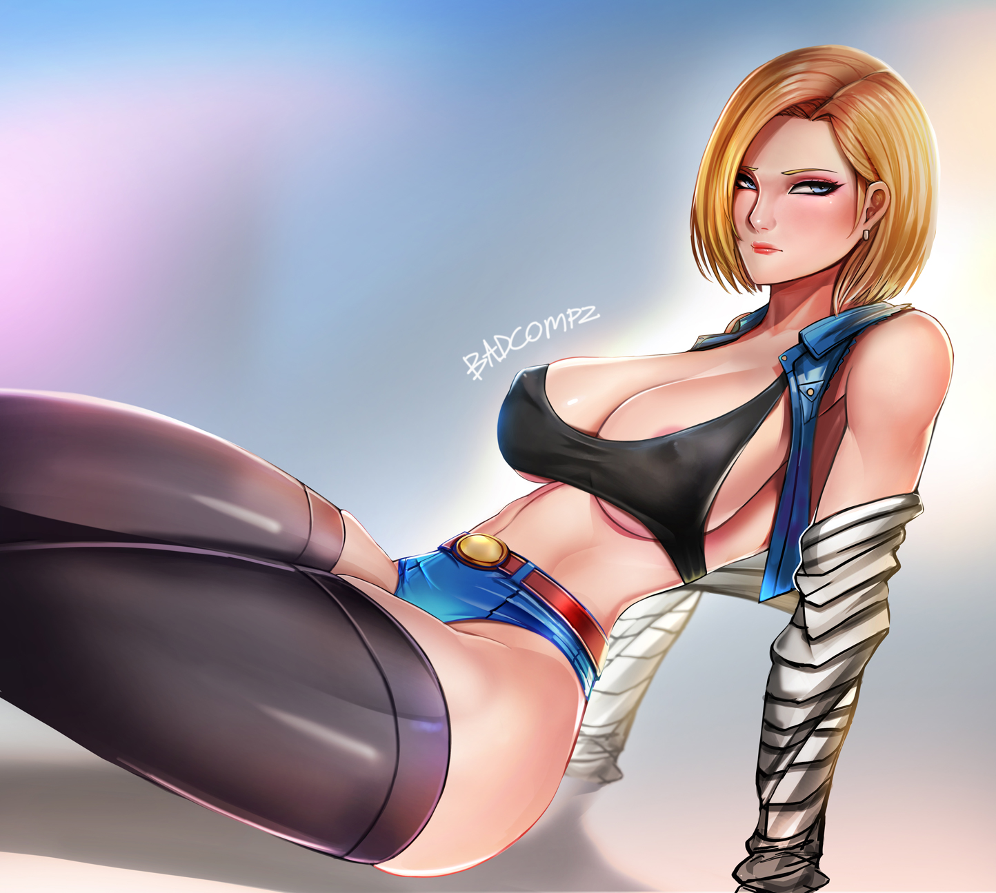 1girls, android 18, areolae, badcompzero, big breasts, breasts, cleavage, dragon ball, dragon ball z, erect nipples, female, female only, large breasts, looking at viewer, nipples, solo, thighhighs
