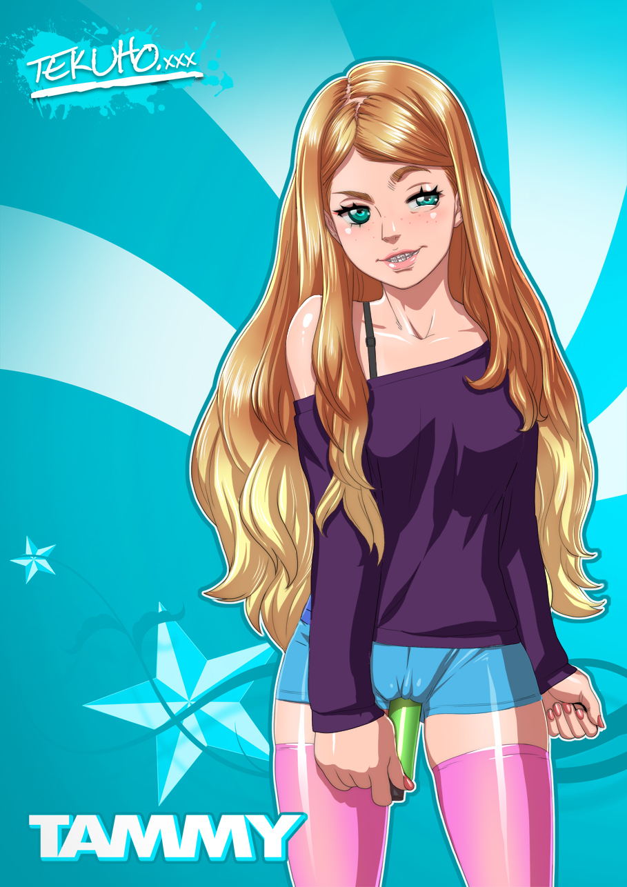 1girls, alternate version available, black bra, blue eyes, blush, bra, bra strap, braces, brown hair, cameltoe, clothing, dildo, female, freckles, long hair, original, pink legwear, pink thighhighs, pussy, sex toy, short shorts, solo, tammy (tekuho), tekuho, thighhighs, thighs, through clothes, vibrator, young