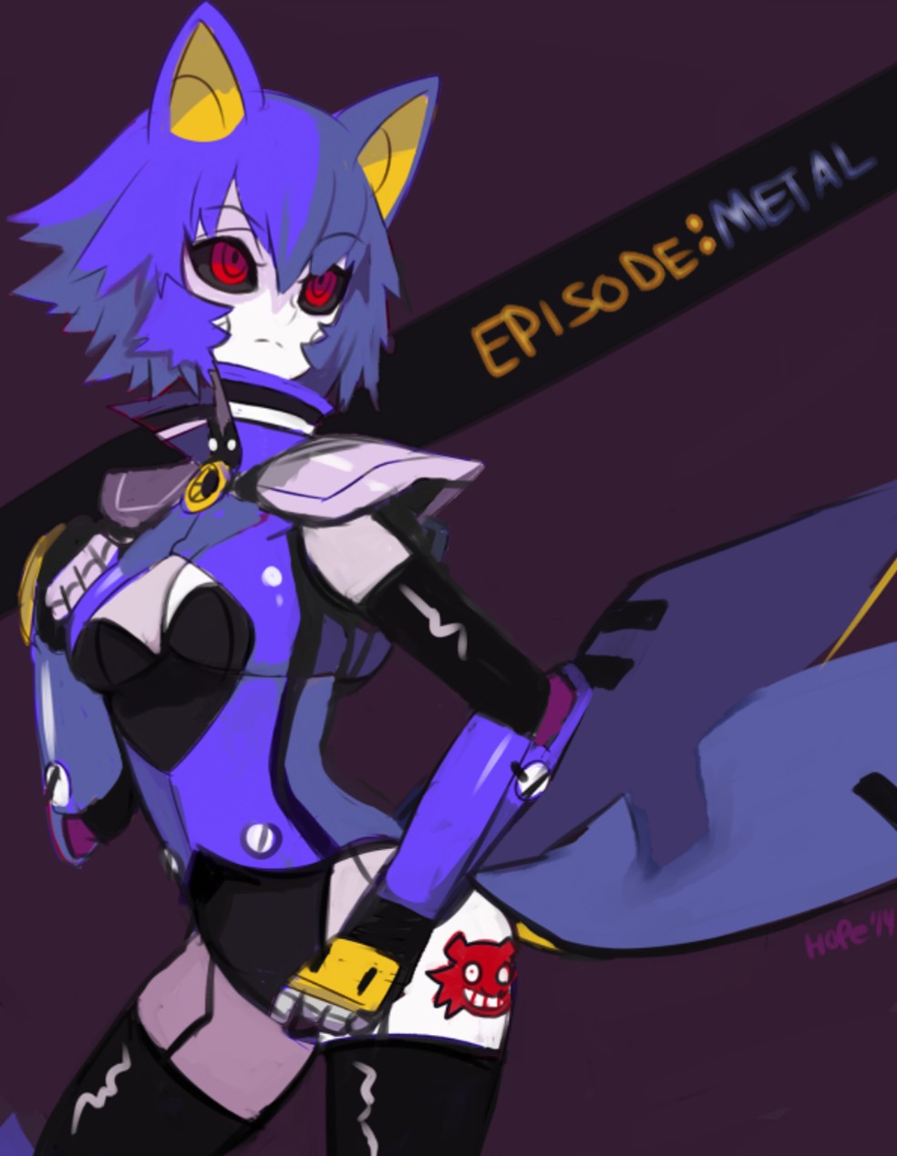 2014, blue hair, breasts, female, female only, hopebiscuit, machine, metal sonic, metal sonique, pointy ears, red eyes, robot, rule 63, short hair, shoulder pads, signature, small breasts, solo, sonic (series)
