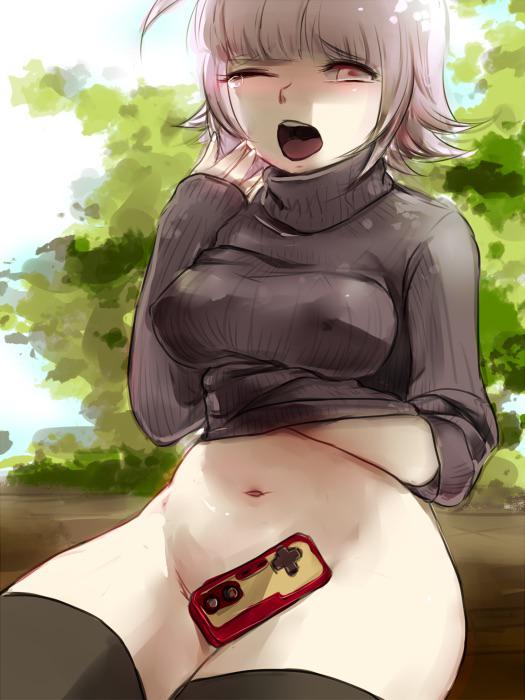 1girls, censored, cute, danganronpa, danganronpa 2: goodbye despair, danganronpa 3, erect nipples, erection under clothes, female, nanami chiaki, nipples, no bra, no panties, outside, public nudity, pussy, shaved pussy, sleepy, straight hair, turtleneck, yawn