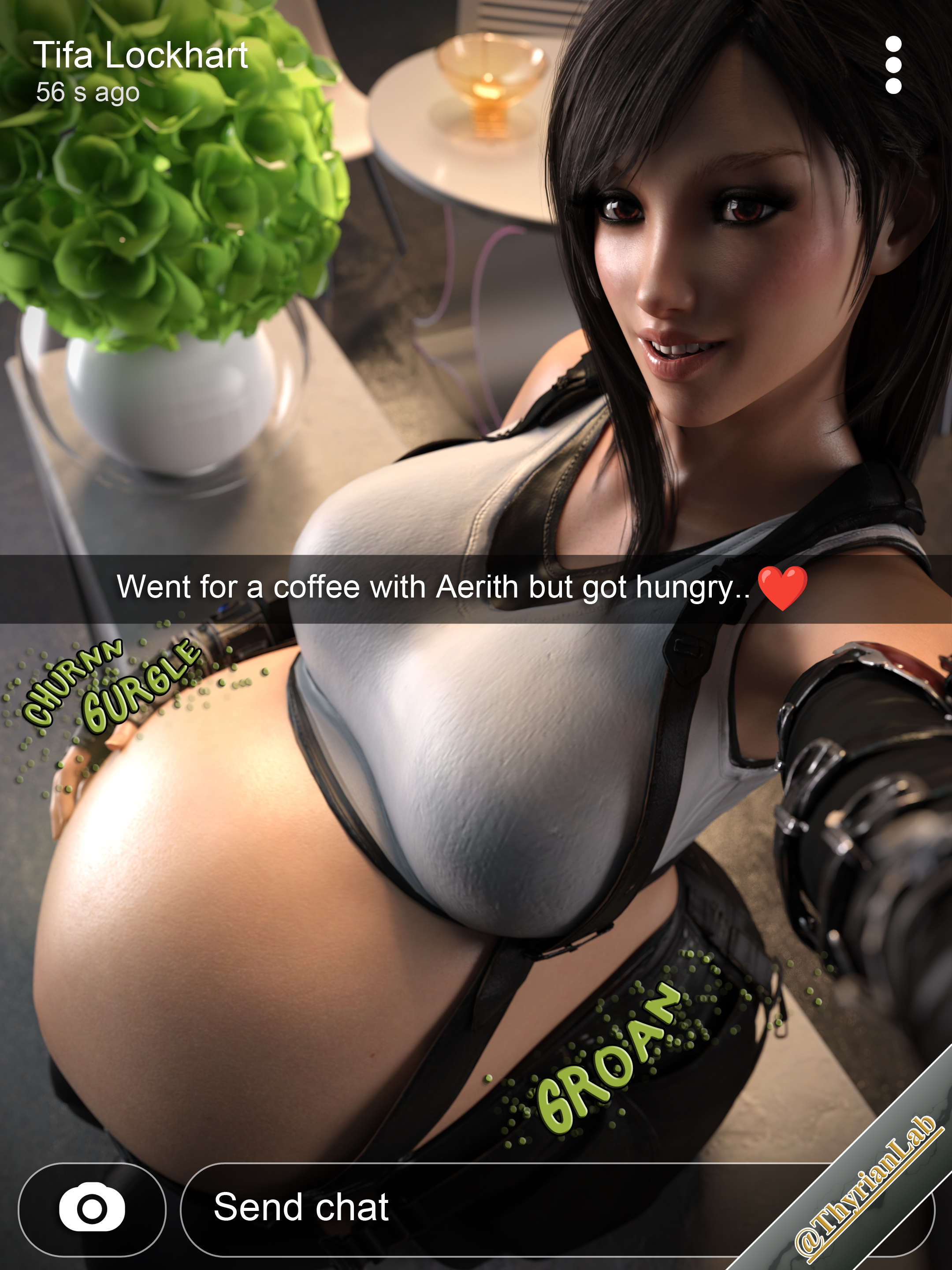 1girls, 3d, 3d (artwork), belly, belly bulge, big belly, big belly bulge, big breasts, breasts, digestion, digestion noises, fatal, fatal vore, female, female pred, female prey, final fantasy, final fantasy vii, final fantasy vii remake, hand on belly, light skin, light-skinned female, long hair, oral vore, same size vore, selfie, social media, soft vore, square enix, stomach noises, thyrianlab, tifa lockhart, uncensored, unwilling prey, vore, vore belly, willing pred