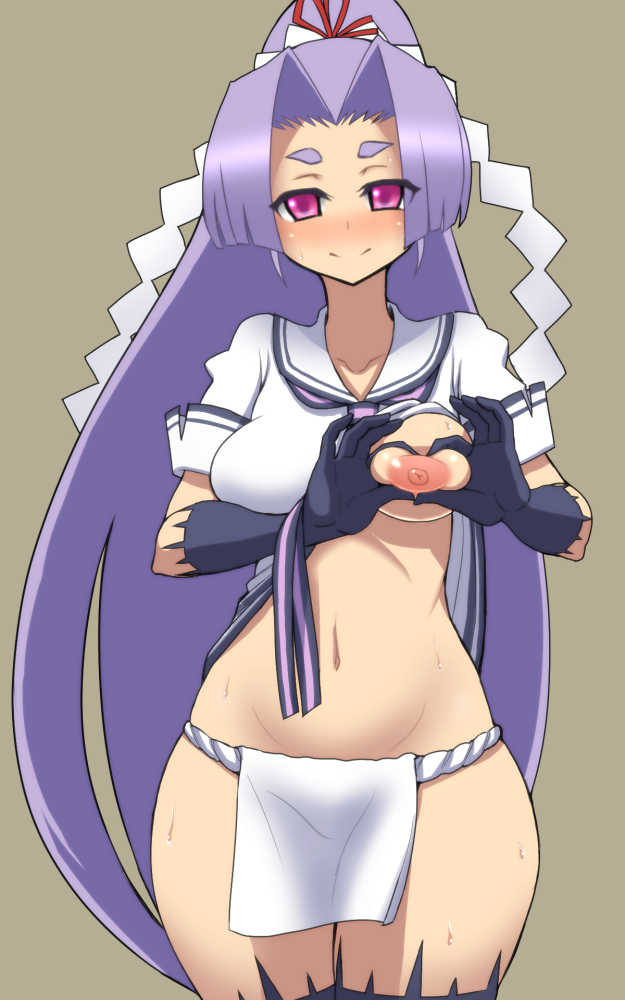 breast_slip breasts female hatsuharu_(kantai_collection) heart heart-shaped_boob_challenge heart_hands kantai_collection loincloth medium_breasts one_breast_out purple_eyes purple_hair sueyuu sweat wide_hips