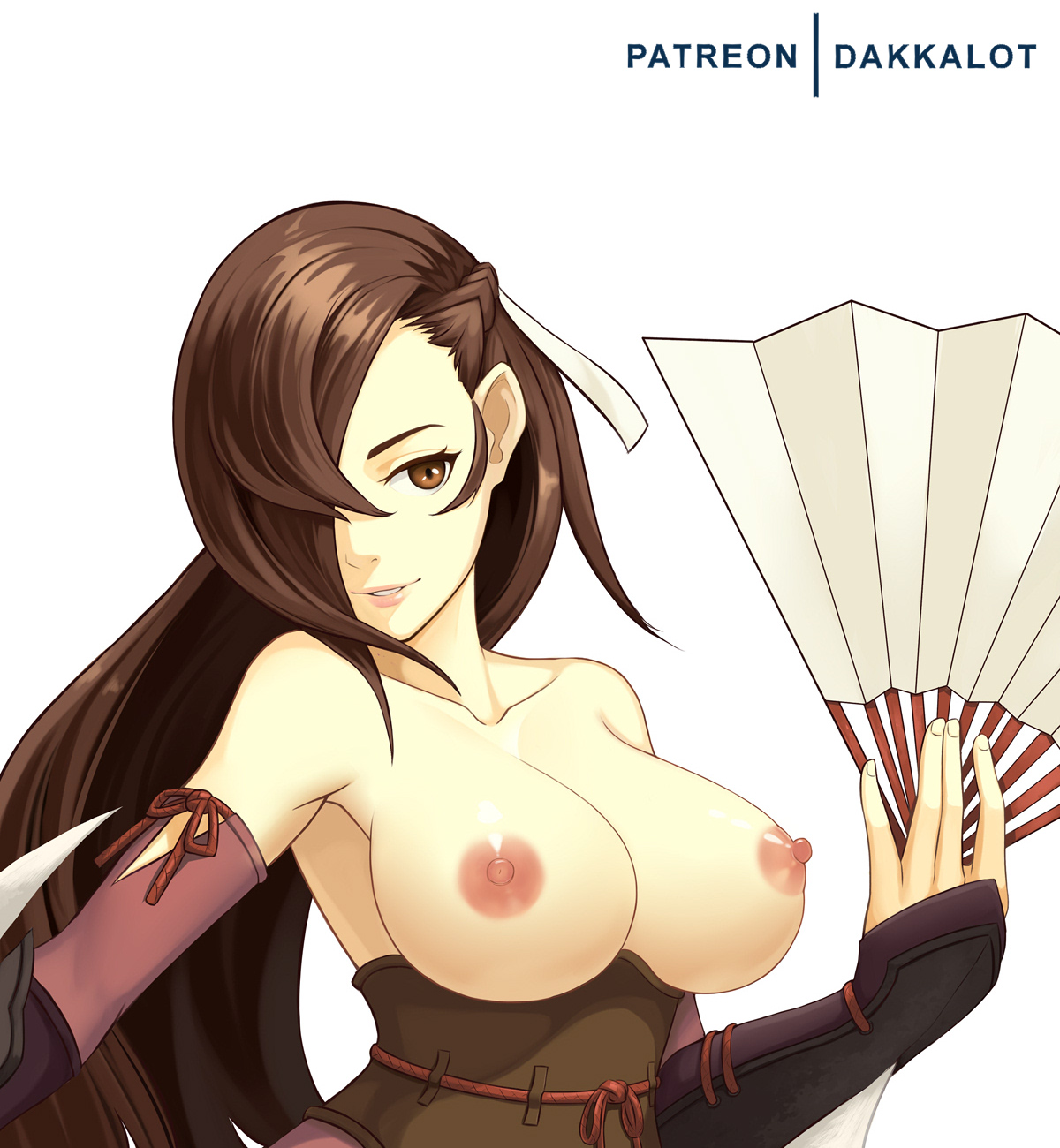 1girls, breasts, breasts out, dakkalot, fan, female, fire emblem, fire emblem fates, holding fan, kagero (fire emblem), ninja, partially clothed, patreon, solo female