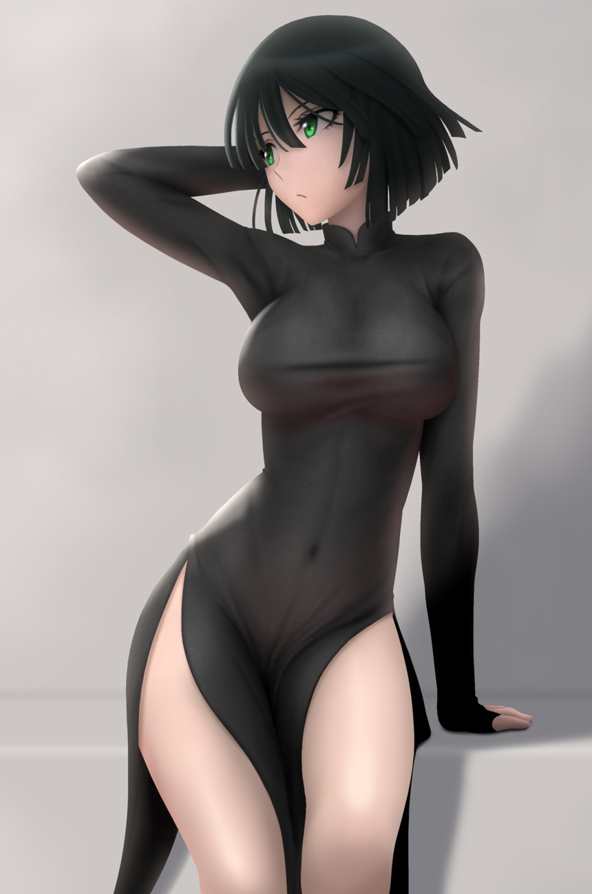 big breasts, black hair, breasts, female, female only, fubuki (one-punch man), green eyes, one-punch man, see-through, short hair, siraha, solo, tight clothing