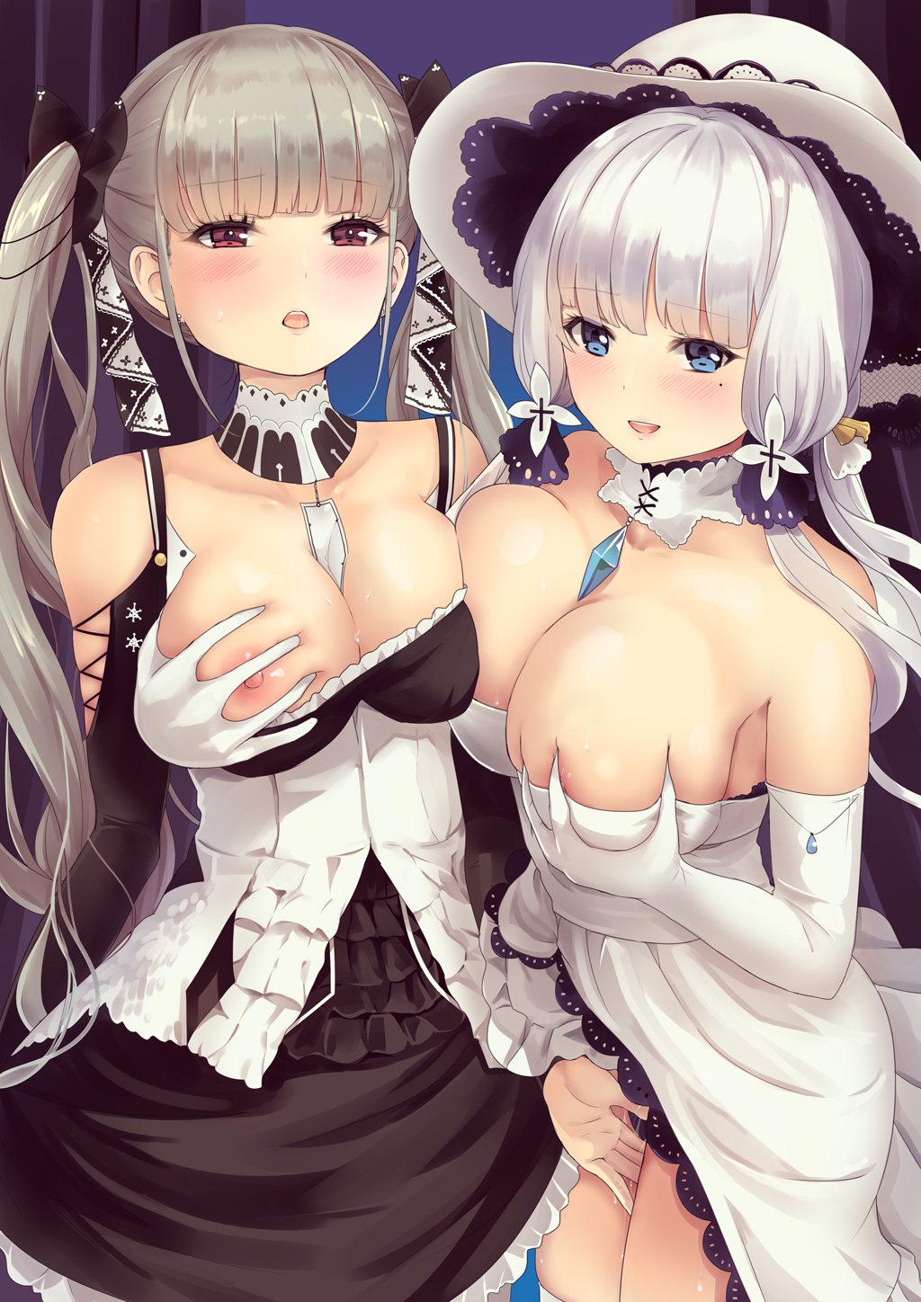 2girls :d azur_lane bangs bare_shoulders between_breasts black_bow black_dress bow breast_grab breasts collarbone commentary_request cowboy_shot culter detached_collar dress elbow_gloves eyebrows_visible_through_hair fingering fingering_partner formidable_(azur_lane) gloves grabbing grey_hair hairbow highres illustrious_(azur_lane) lace_trim large_breasts long_hair long_sleeves mole mole_under_eye multiple_girls nipples open_mouth petticoat red_eyes self_fondle smile standing strapless strapless_dress twintails white_dress white_gloves white_headwear