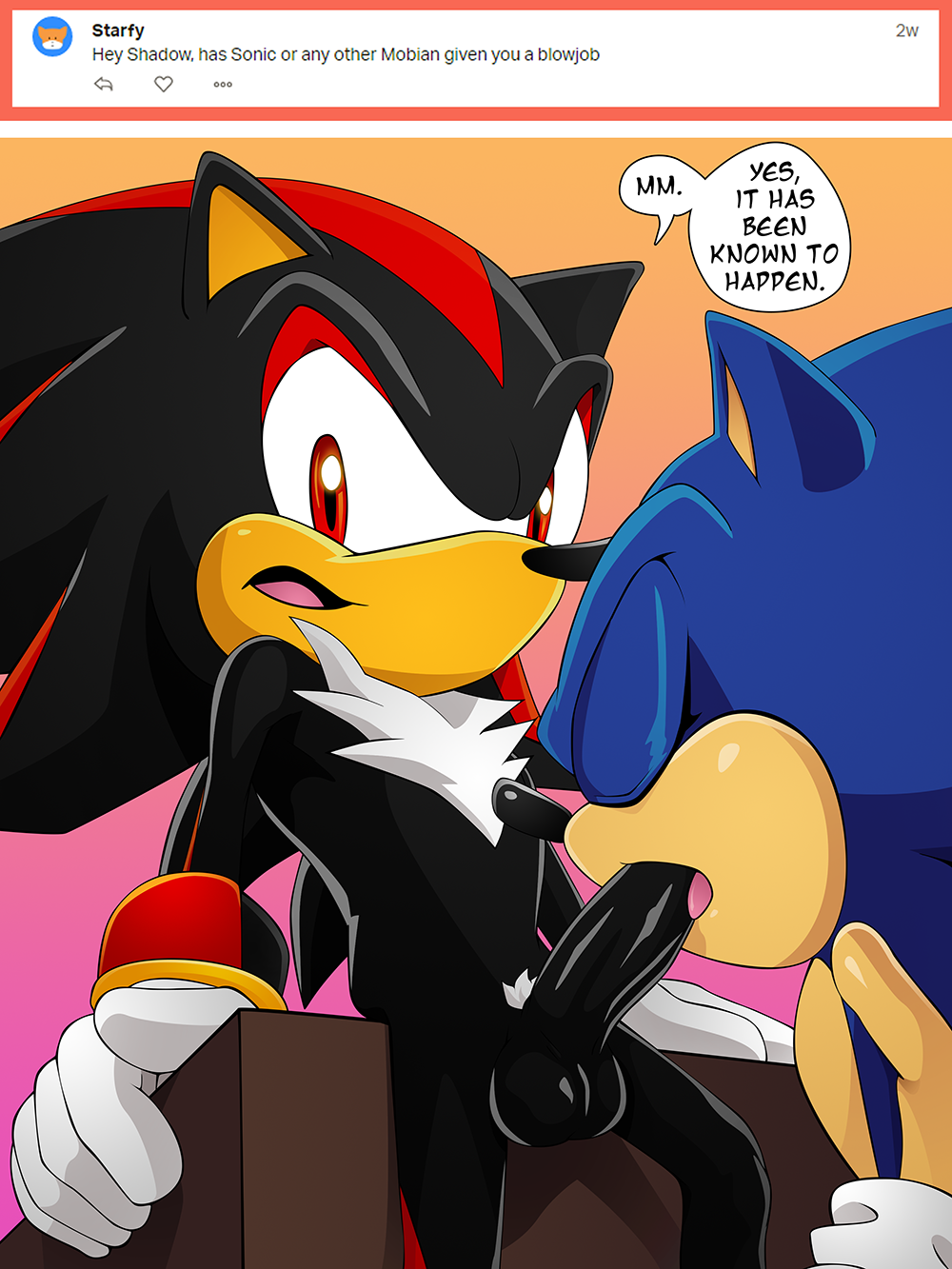 2019, 2boys, anthro, anthro on anthro, anthro penetrated, anthro penetrating, anthro penetrating anthro, balls, black balls, black body, black fur, black nose, black penis, blowjob, blue body, blue fur, closed eyes, clothing, dialogue, duo, english text, erection, eulipotyphlan, fellatio, fur, gay, gloves, gradient background, handwear, hedgehog, humanoid penis, looking at viewer, male, male only, male penetrated, male penetrating, male penetrating male, male/male, mammal, mostly nude, multiple boys, multiple males, nearphotison, oral, orange background, penetration, penile, penis, pink background, red body, red eyes, red fur, sex, shadow the hedgehog, simple background, sonadow, sonic (series), sonic the hedgehog, sonic the hedgehog (series), sonic x, speech bubble, text, white body, white fur, yaoi