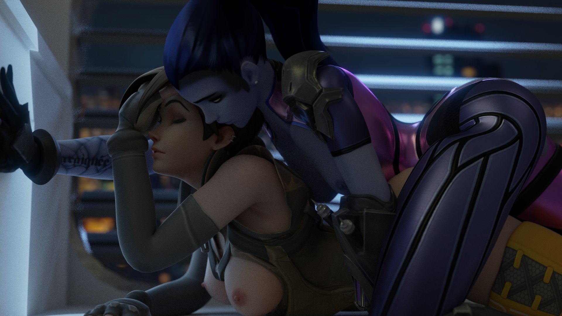 2girls, 3d, breasts, closed eyes, cuddling, female, fondlibg, from behind, grabbing, hand on waist, holding, jhall, nipples, ogling, overwatch, pleasure face, romantic, teasing, tracer, widowmaker, yuri