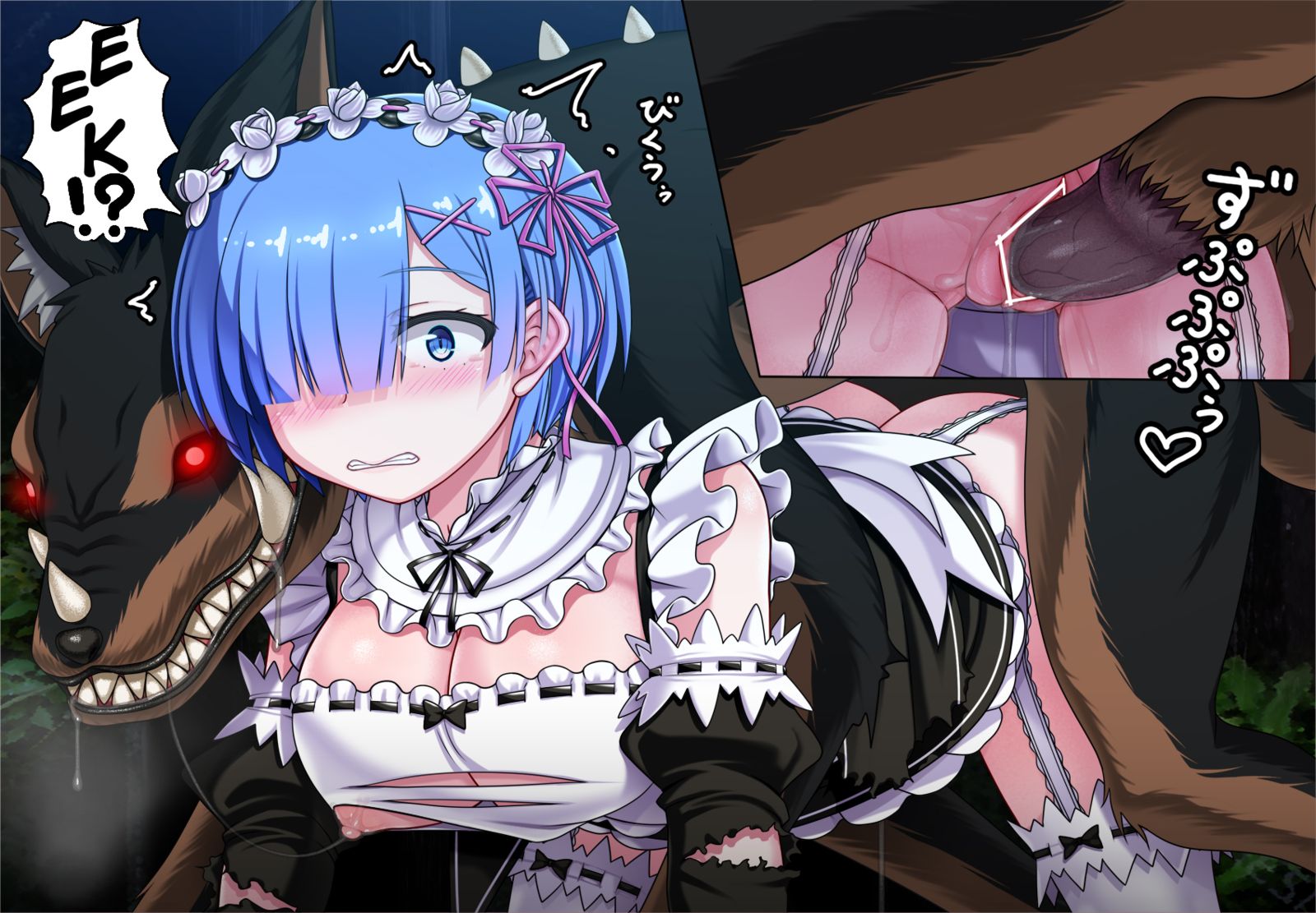 blue eyes, blue hair, blush, breasts, canine, clothed rape, female, large breasts, maid, maid headdress, nipples, no bra, no panties, rape, re:zero kara hajimeru isekai seikatsu, rem (re:zero), thighhighs, torn clothes, viscaria, zoophilia