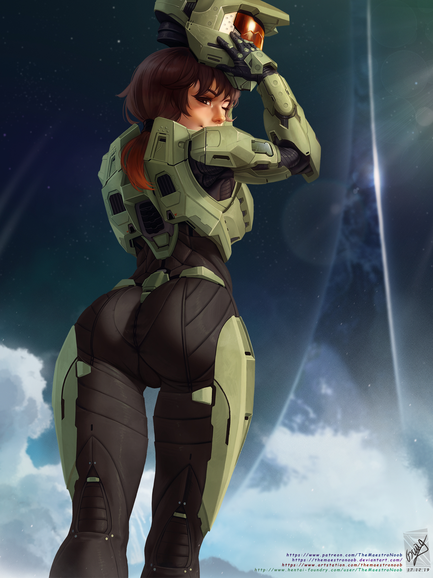 1girls, ass, curvy, female, female only, female spartan (halo), halo (series), helmet, human, large ass, looking at viewer, looking back, sci-fi, science fiction, scifi, solo, solo female, spartan (halo), themaestronoob, wide hips