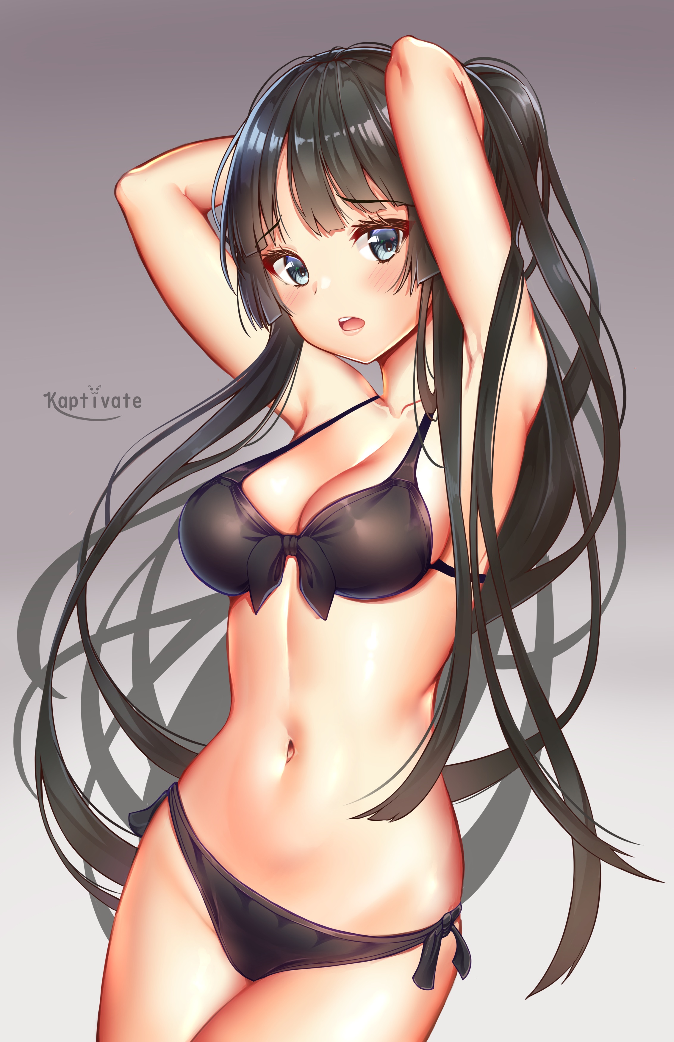 armpits, arms behind head, arms up, bikini, blush, cleavage, female, female only, k-on!, kaptivate, long hair, looking at viewer, mio akiyama (k-on!), navel, open mouth, solo, swimsuits, tagme