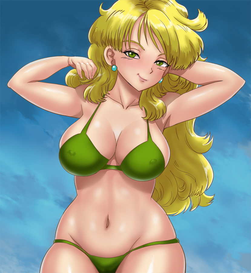 1girls, bad launch, big breasts, bikini, blonde hair, breasts, busty, cleavage, dragon ball, dragon ball (classic), female, female only, green eyes, large breasts, launch, looking at viewer, nipple bulge, solo, thelorope, voluptuous