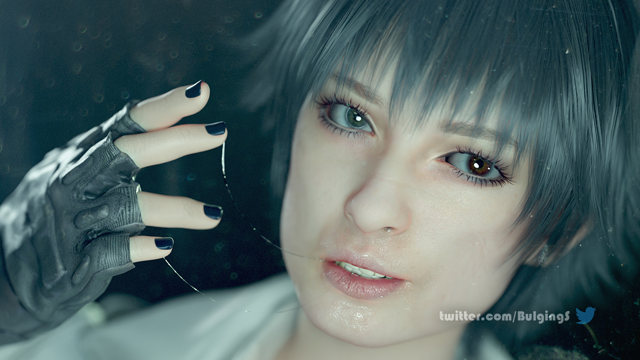 3d, black hair, black nails, bulgingsenpai, cum, cum in mouth, devil may cry, devil may cry (series), devil may cry 5, heterochromia, lady (devil may cry), lips, lipstick, saliva, saliva string, skin, wet