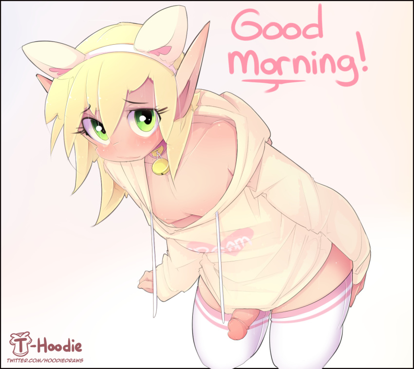 1boy, animal ears, blonde hair, blush, bottomless, collar, elf, elf ears, femboy, girly, green eyes, hoodie, hoodie (artist), looking at viewer, male, male only, penis, solo, solo male, thighhighs, trap