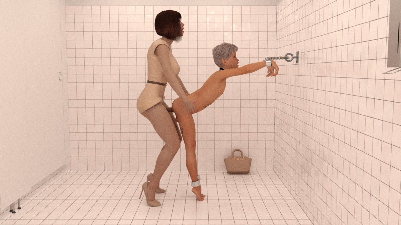 1boy, 1futa, anal, ass, balls, barefoot, bathroom, big breasts, breasts, chains, collar, cum, cum in ass, cum inside, dickgirl, dickgirl/male, forced, futa is bigger, futa on male, futa with male, futadom, futanari, holding, intersex, khaaljo, male, male penetrated, malesub, nude, penis, public use, short hair, slave, testicles, waist grab