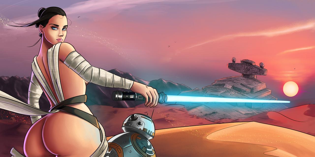 ass, bb-8, blue lightsaber, breasts, brown hair, bubble ass, bubble butt, busty, desert, droid (star wars), female, female focus, female only, hourglass figure, huge ass, huge breasts, lightsaber, loiclebertart, outdoors, pose, posing, rey, sideboob, solo, star destroyer, star wars, tied hair, wide hips