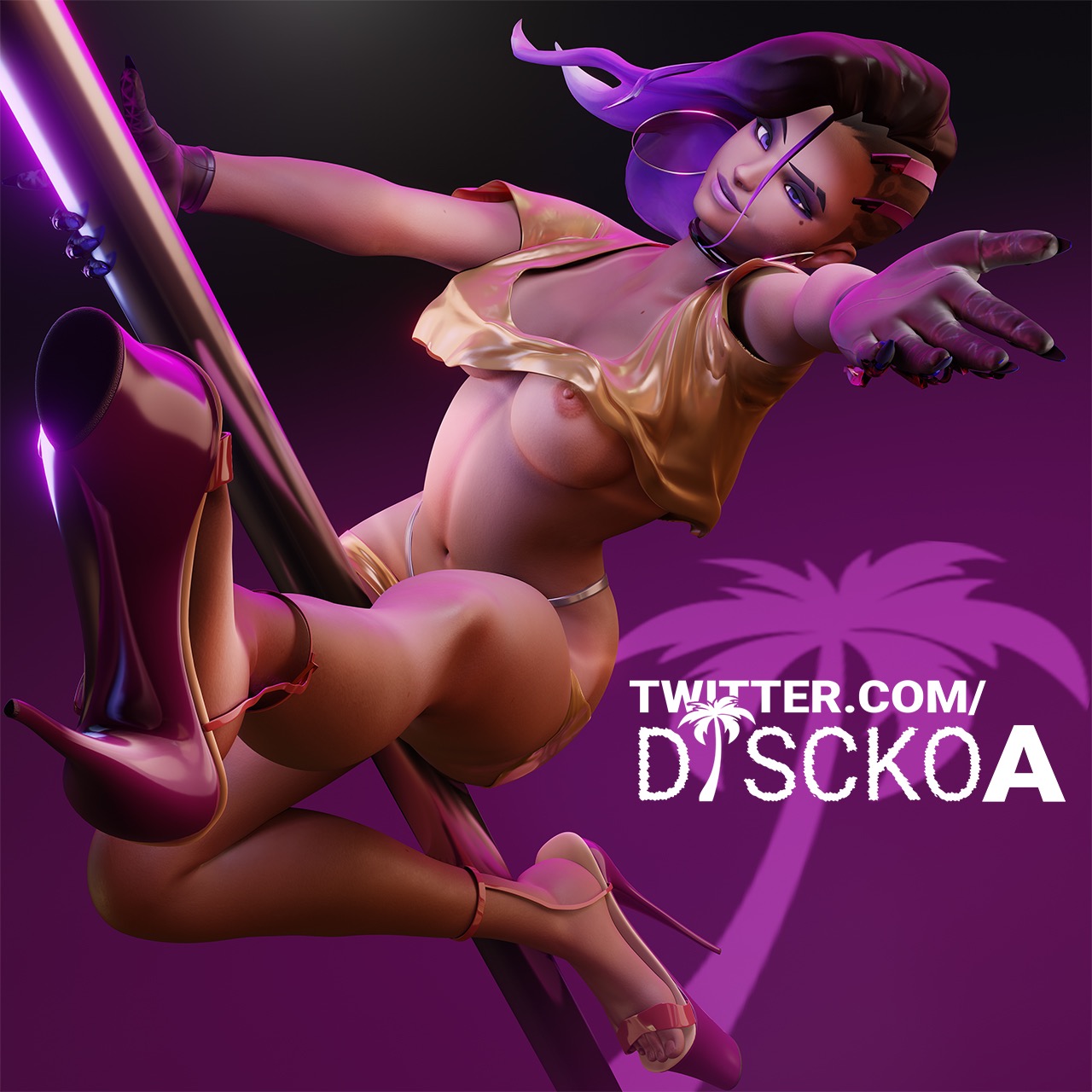 1girls, 3d, blender, blizzard entertainment, breasts, brown skin, choker, dark skin, dark-skinned female, discko, discko sombra, female, female only, fingernails, gloves, high heels, hoop earrings, hoop earrings oversized, latina, messy hair, nipples, olivia colomar, overwatch, overwatch 2, pole dancing, purple eyes, purple hair, shaved side, solo, sombra, tagme, video games