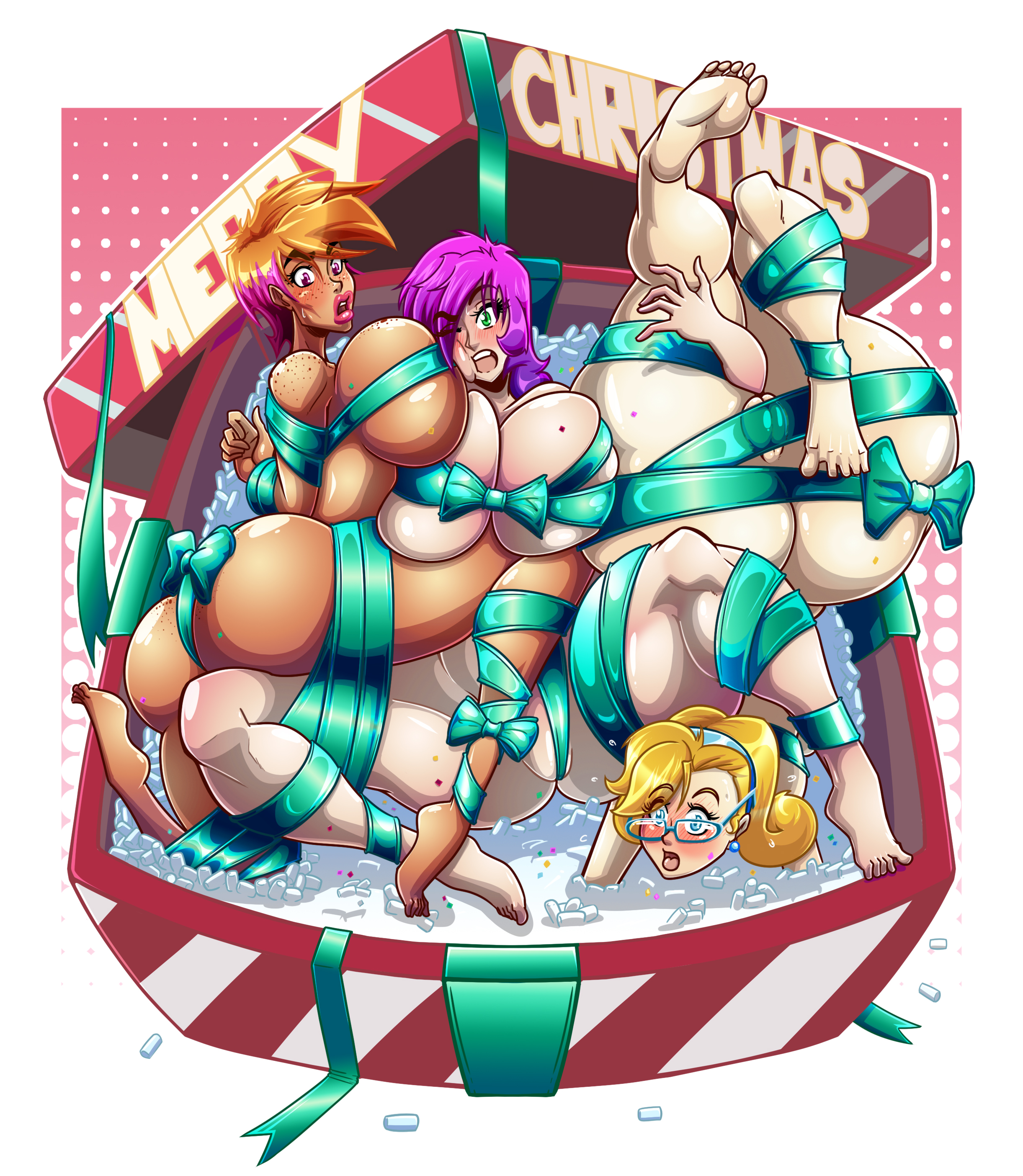 3girls, ass, auri (kogeikun), big ass, big breasts, breasts, christmas, dark skin, dark-skinned female, female, female only, holidays, huge ass, huge breasts, kogeikun, light skin, light-skinned female, living gift, multiple females, multiple girls, nahia (kogeikun), wendolin