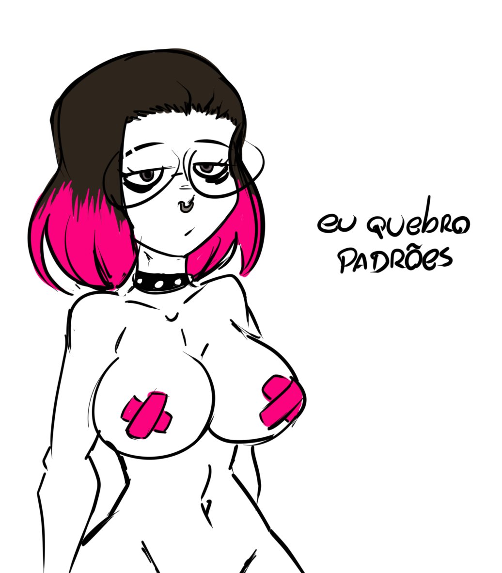 1girls bandage_pasties big_breasts breasts brown_hair busty cleavage collar collarbone covered_nipples curvy dahs duct_tape dyed_hair eu_quebro_padroes eyelashes female female_only full_cleavage glasses grey_eyes highres huge_breasts large_breasts medium_hair meme navel nose_piercing original pasties piercing pink_hair portuguese_text sexually_suggestive solo standing text two-tone_hair two_tone_hair voluptuous white_background wide_hips