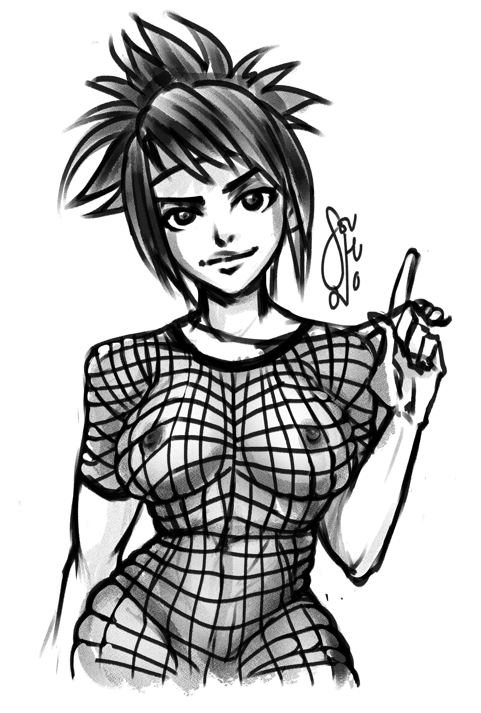 breasts, female, fishnets, mature female, mitarashi anko, naruto, naruto (classic), naruto (series), nipples, nude, see-through clothing, sketch, solo, soushiyo