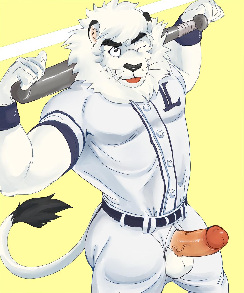 1boy 2019 anthro balls beastsauc3 biceps clothed clothing erection felid fur hair hi_res humanoid_penis leo_(saitama_seibu_lions) lion looking_at_viewer male male_only mammal mane mascot muscular muscular_male nippon_professional_baseball pantherine penis saitama_seibu_lions simple_background smile solo tongue vein veiny_penis whiskers white_body white_fur white_hair