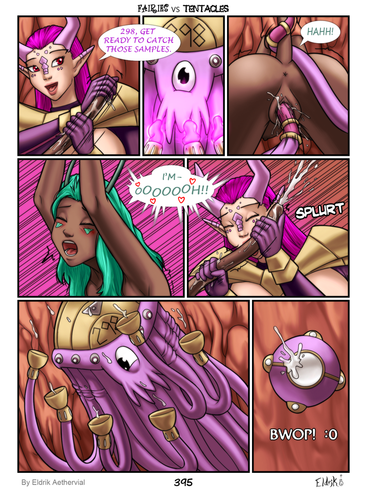 antennae_(anatomy) anus armor big_breasts blush bobbydando breasts closed_eyes comic dark_skin dialogue english_text facial_markings fairies_vs_tentacles fairy female female/female green_hair hair head_markings heart horn huge_breasts humanoid markings mostly_nude nihallaks_(species) nipples nude page_395 penetration pink_hair pussy sex speech_bubble tail_sex tentacle tentacle_monster tentacle_sex text the_queen_(fvt) vaginal_penetration yuri