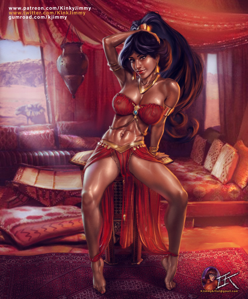1girls, abs, aladdin, arabian, big breasts, breasts, corruption, dark skin, dark-skinned female, disney, disney princess, evil queen jasmine, female, female only, harem outfit, jafar harem outfit, jewelry, kinkyjimmy, large breasts, looking at viewer, nipple piercing, nipples, piercing, pokies, princess jasmine, see-through, see-through bra, sitting, smile, solo, table, uncensored