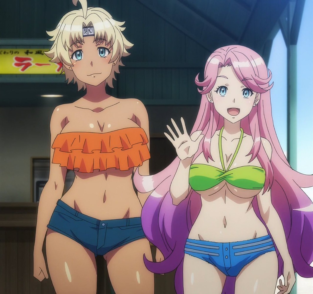 2girls, blonde hair, blue eyes, breasts, cleavage, clothing, dark skin, emily orange, female, huge breasts, indoor, jennifer peach, kandagawa jet girls, long hair, pink hair, screencap, short hair, shorts, smiling, tnk (company)