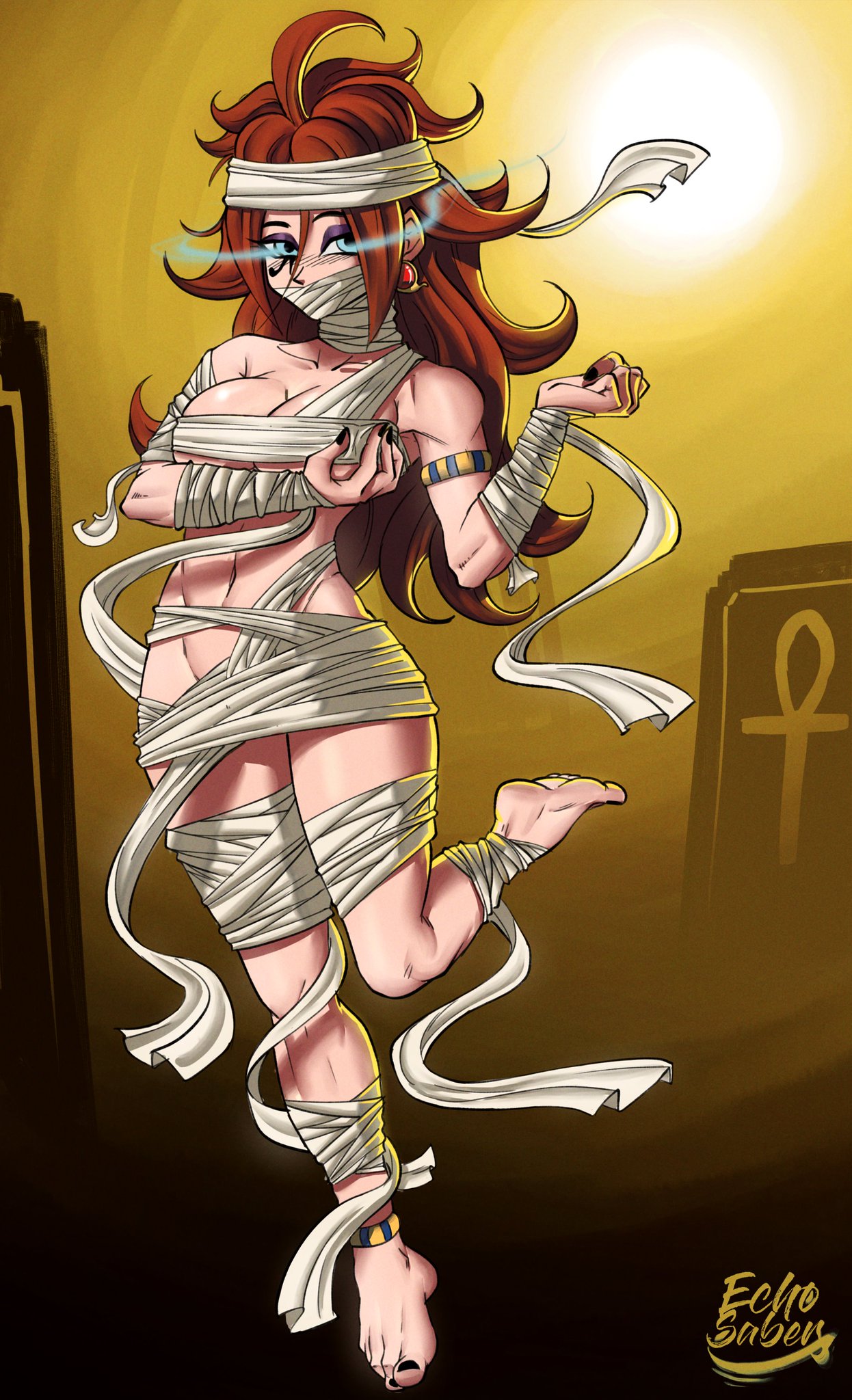 1girls, 5 fingers, abs, android, android 21, android 21 (human), ankh, anklet, armlet, artist name, bandage, bandages, barefoot, big breasts, black nails, black toenails, blue eyes, breasts, cleavage, colored nails, cosplay, day, dragon ball, dragon ball fighterz, earring, earrings, echosaber, egyptian, egyptian clothes, english text, eyeshadow, facial mark, female, female only, gold earring, gold jewelry, halloween, jewelry, large breasts, leg up, long hair, looking at viewer, makeup, mummy, mummy costume, mummy wrappings, muscular, muscular female, nail polish, naughty face, navel, painted nails, purple eyeshadow, red hair, revealing clothes, seductive, simple background, skimpy, solo, standing, standing on one leg, sun, thick thighs, toenail polish, uncensored, very long hair, wrappings, wraps