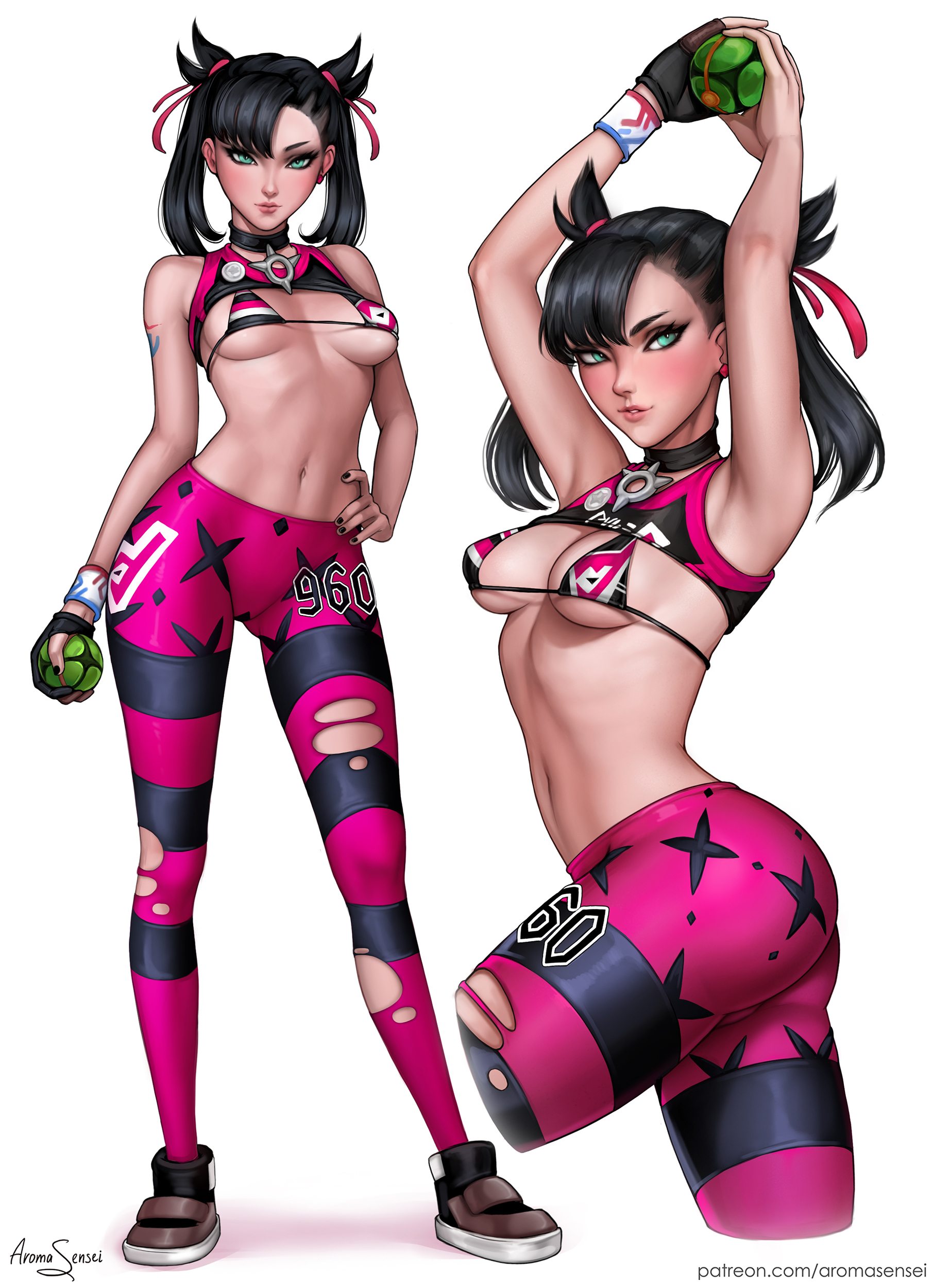 1girls, abs, aged up, alternate breast size, alternate outfit, armpits, aroma sensei, artist name, ass, black hair, breasts, clothing, eye contact, female, female only, green eyes, hair, half-closed eyes, handwear, human, looking at viewer, marnie (pokemon), multiple views, nintendo, patreon, poke ball, pokemon, pokemon ss, pose, solo, text, thick thighs, thigh gap, url, video games, watermark, wide hips