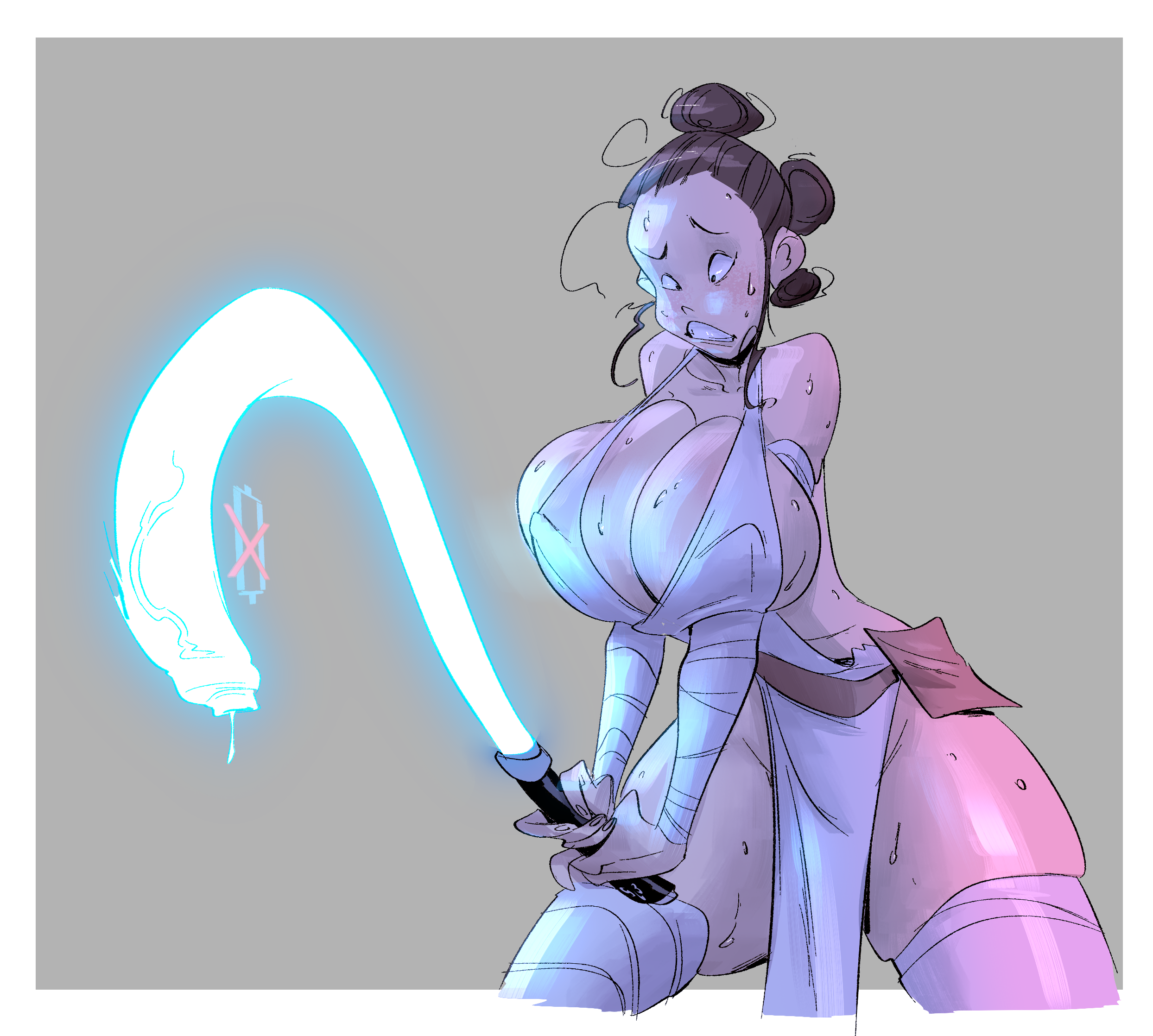 action pose, armband, bare shoulders, big breasts, blue lightsaber, breasts, busty, cleavage, erect nipples, female, female focus, female only, hourglass figure, huge breasts, large breasts, legband, lightsaber, loincloth, male, nipple bulge, nipples, overflowing breasts, penis, pose, posing, rey, sci-fi, science fiction, scifi, slb, solo, standing, star wars, tagme, thick thighs, tied hair, wide hips