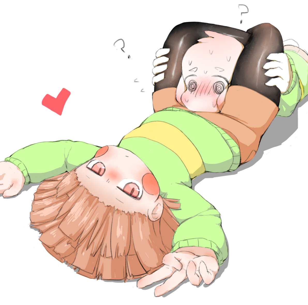 1boy, 1girls, adoptive siblings, anthro, anthro on human, asriel dreemurr, blush, blushing, brother and sister, chara, female, female chara, female human, head between thighs, human, human on anthro, male, male anthro, male anthro/female human, male/female, monster, monster boy, simple background, tagme, undertale, undertale (series), weird