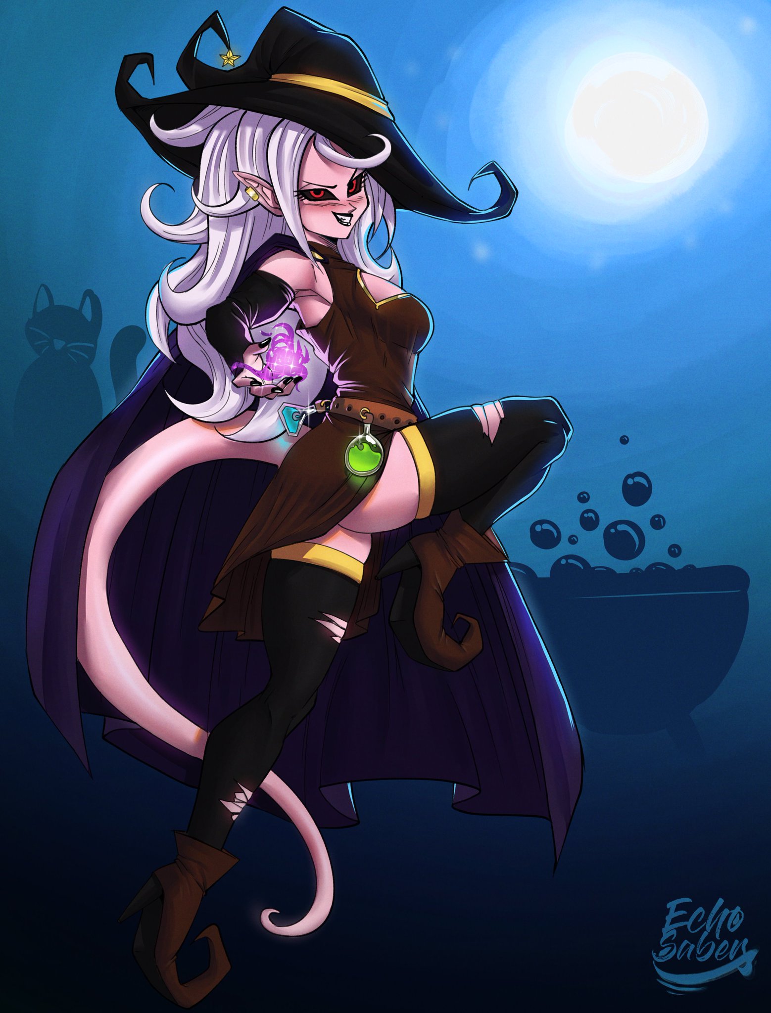 1girls, 2010s, android 21, black sclera, breasts, dark persona, dragon ball, dragon ball fighterz, echosaber, energy ball, female, fully clothed, halloween, humanoid, long hair, majin, majin android 21, monster girl, pink skin, pointy ears, red eyes, tail, white hair, witch, witch hat