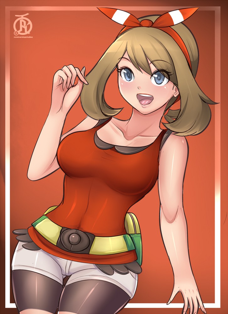 1girls, abs, alternate breast size, bag, belt, big breasts, breasts, clothed, color, eye contact, female, female only, fully clothed, human, human only, looking at viewer, may (pokemon oras), may (pokemon), nintendo, pokemon, pokemon oras, revolverwingstudios, solo, source request, text, thick thighs, thigh gap, watermark, wide hips