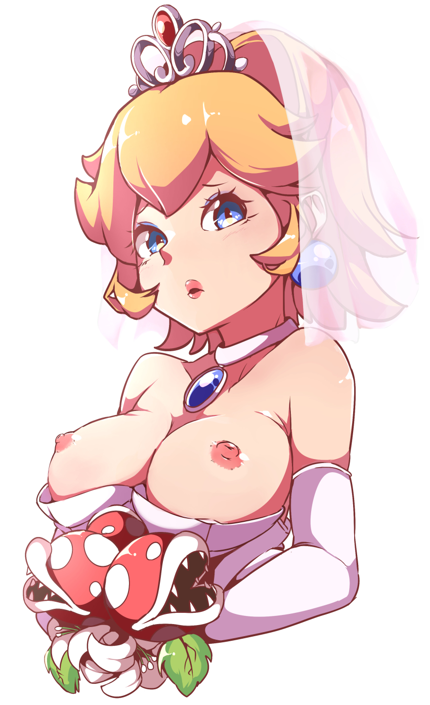 1girls areolae blonde_hair blue_eyes bouquet breasts bridal_veil earrings elbow_gloves female female_only gloves gokuu_(acoloredpencil) human human_only jewelry large_breasts lipstick looking_at_viewer mario_(series) necklace nintendo nipples parted_lips piranha_plant piranha_plant_bouquet ponytail princess_peach solo strapless super_mario_odyssey tiara upper_body white_background white_gloves