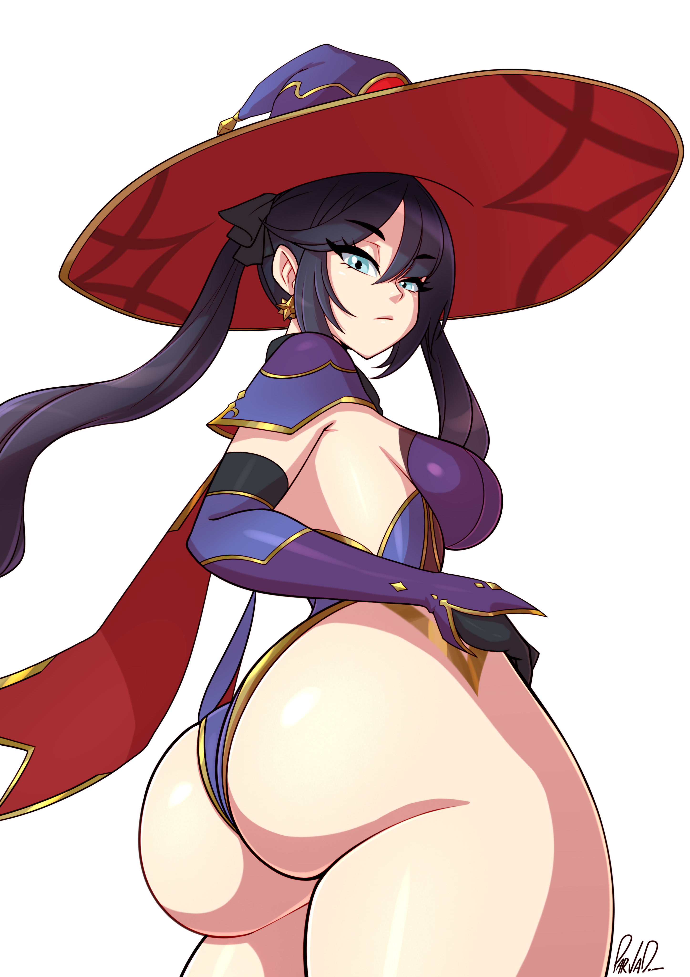 1girls, ass, ass hanging out, big ass, big butt, breasts, bubble butt, ecchi, eye contact, female, female focus, female only, genshin impact, hat, huge ass, leotard, looking at viewer, mona (genshin impact), parvad, purple hair, sideboob, solo, standing, thick thighs, twintails, witch hat