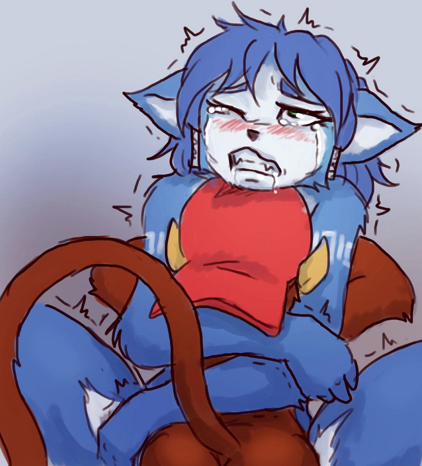 anthro, ass, blue hair, blush, bottomless, breasts, crossover, diddy kong, donkey kong (series), drooling, duo, female, fox, fucked silly, green eyes, haplorhine, hat, interspecies, krystal, male, monkey, nintendo, primate, saliva, sex, short hair, size difference, spread legs, star fox, tears, trembling, ungulatr